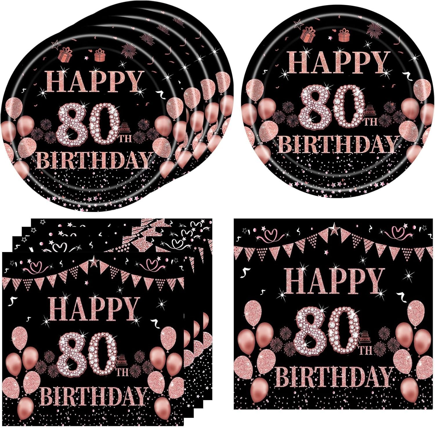40PCS Black & Rose Gold 80th Birthday Party Supplies – For Elegant Celebrations