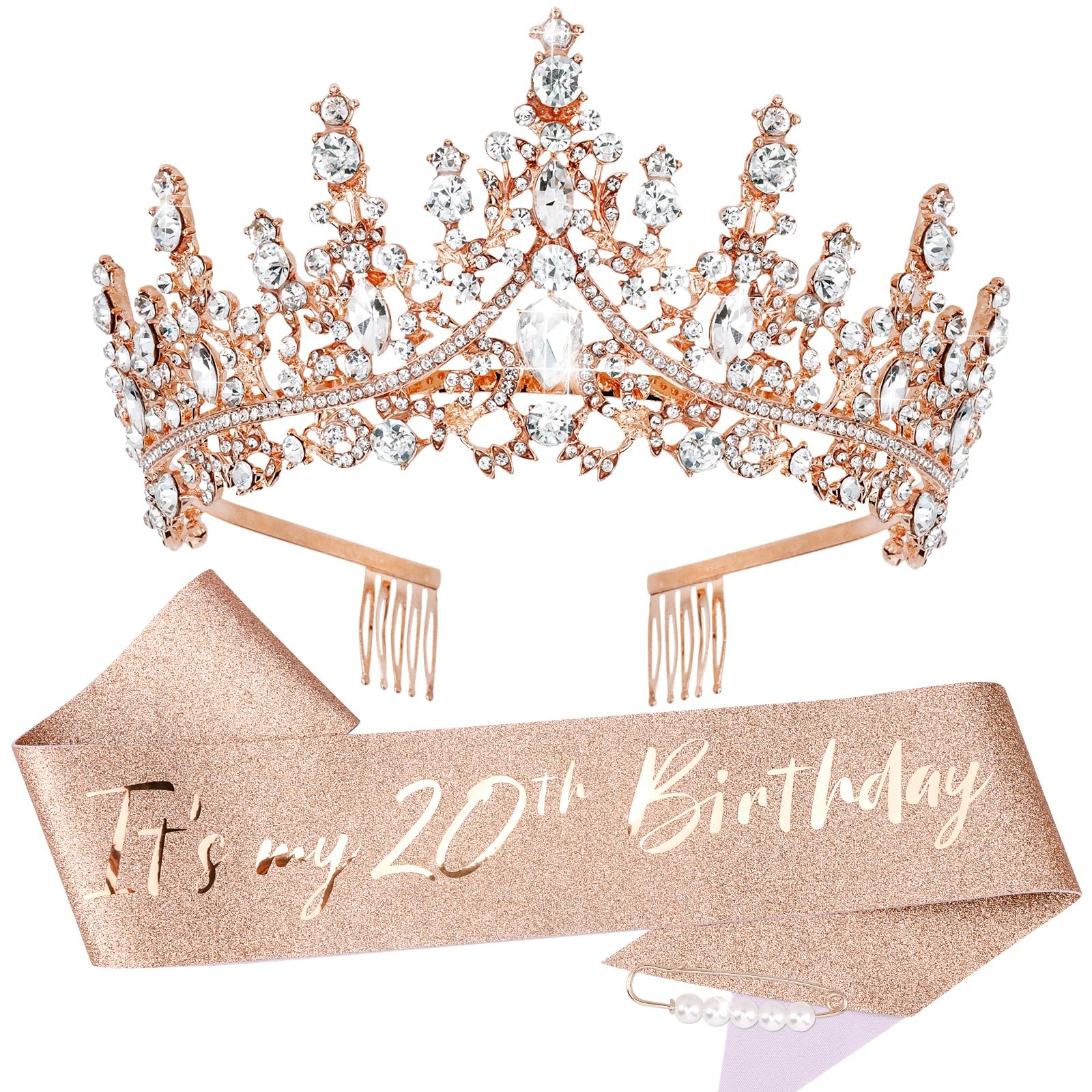 20th Birthday Rose Gold Sash and Tiara for Women Happy 20th Decorations Gift