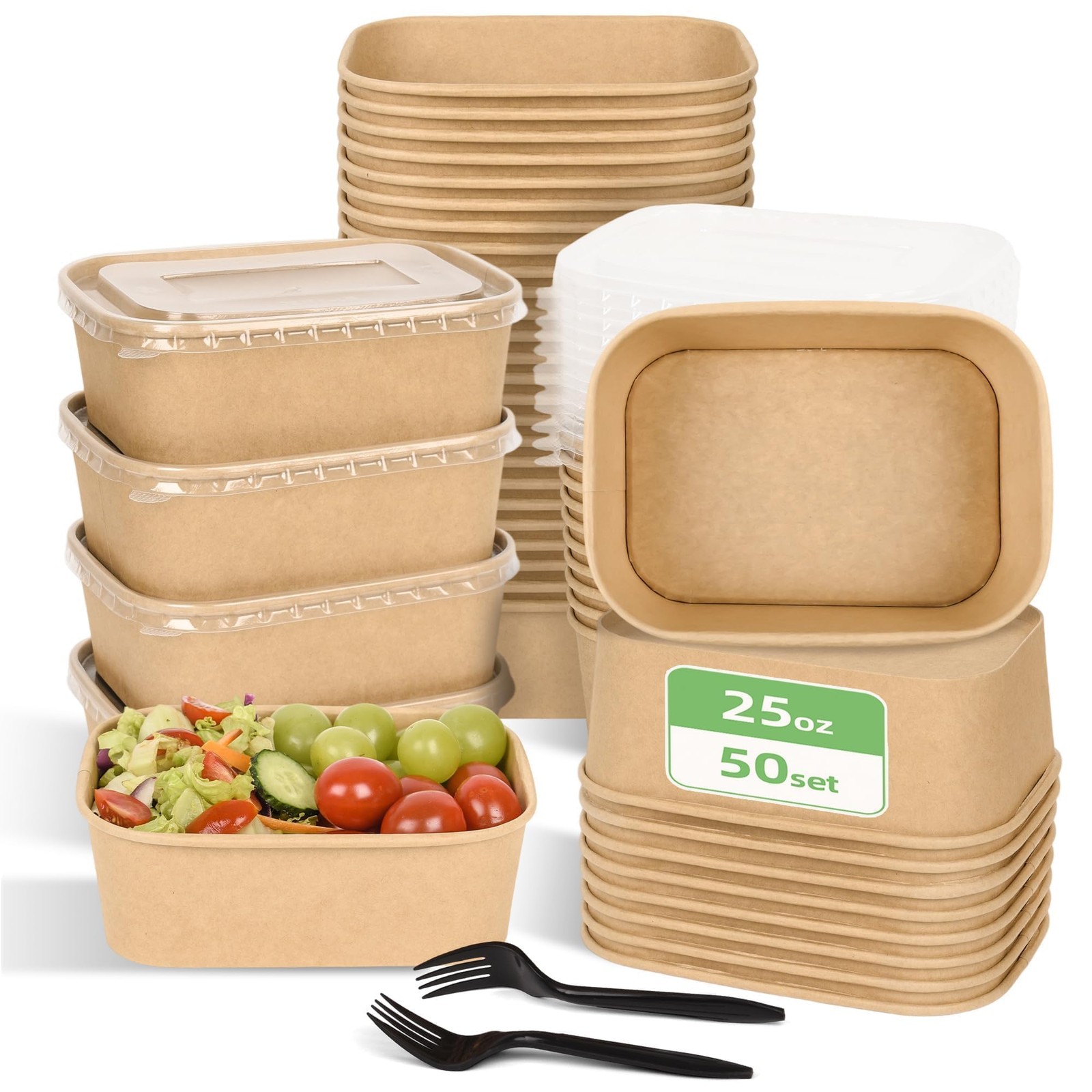 Peseojiar 50 Pack Disposable Meal Prep Containers, 25oz Disposable Large Pape…