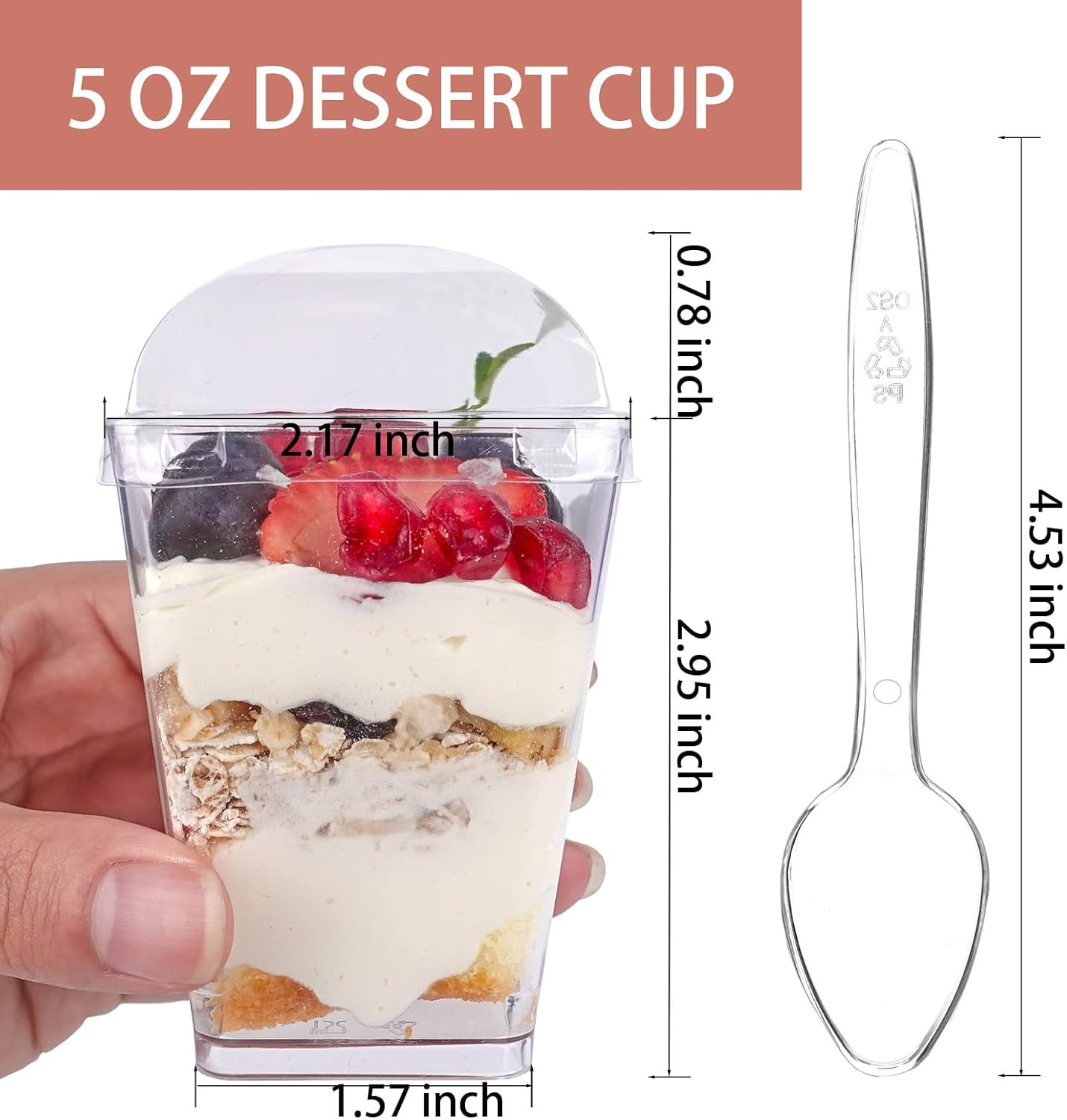 50Pack 5Oz Clear Plastic Dessert Cups with Lids and Spoons, Reusable Square Parf