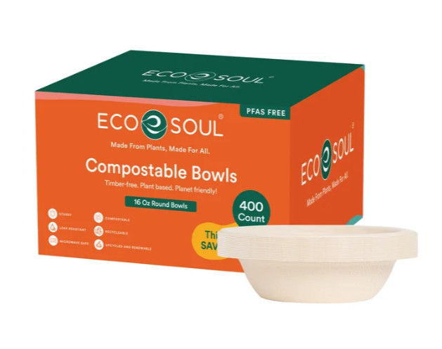 EcoSoul Compostable 16 oz Bowls Disposable Eco Friendly 400 Count Bulk Pack