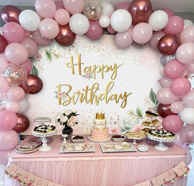 Rose Gold Birthday Backdrop for Women Pink Floral Golden Flash Happy Birthday Pa