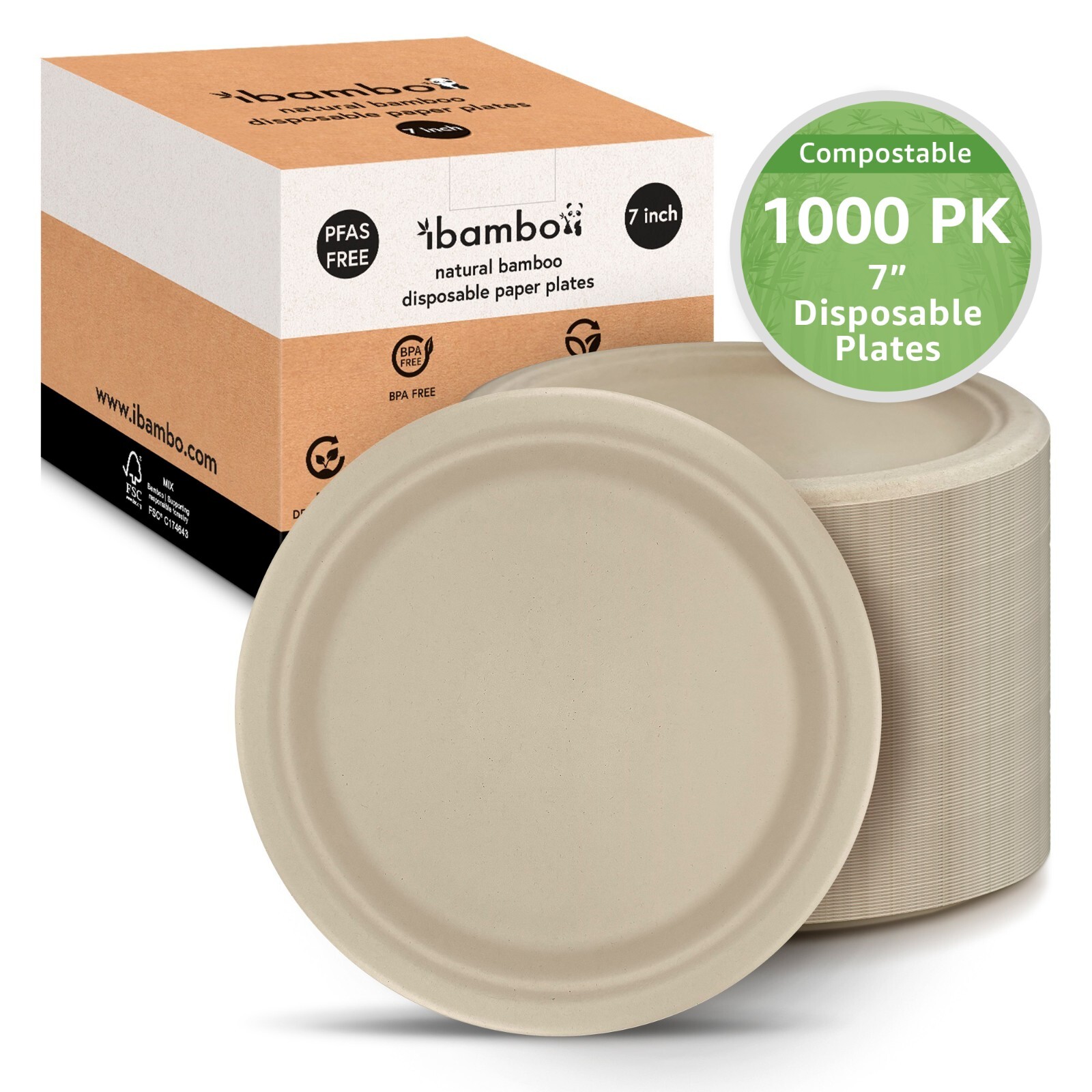 Ibambo Bamboo Disposable Paper Plates – 7 Inch, 1000 Pack, Compostable Plates