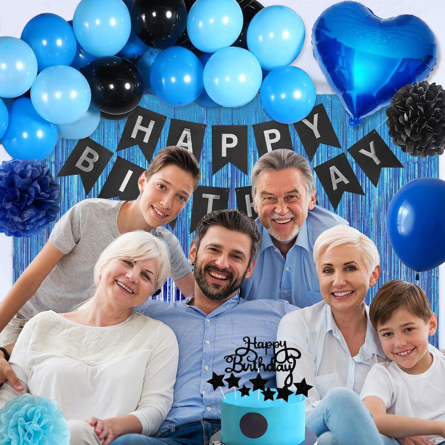 Blue and Black Happy Birthday Party Decorations kit for Boys Men Women with H…