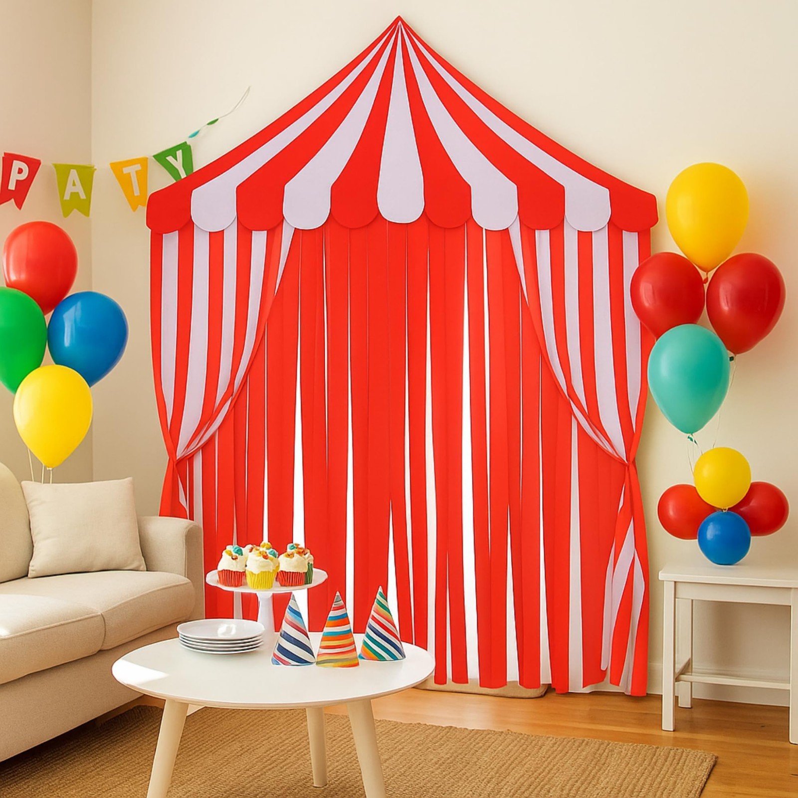4-Piece Carnival Circus Decor Set – Red Striped Tent Canopy & Curtains for Party