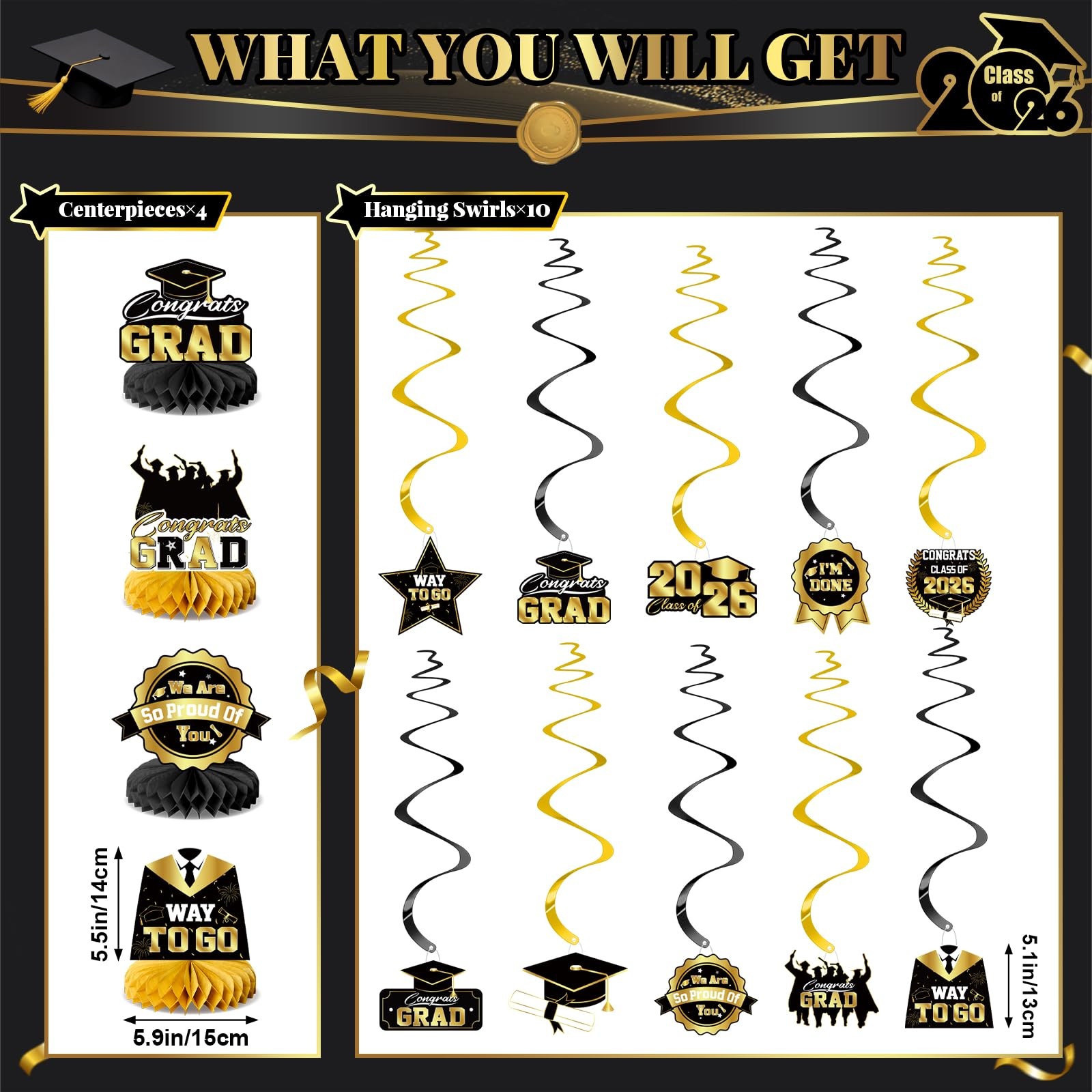 Class of 2026 Graduation Party Decor Kit Black Gold Banner Balloons Centerpieces