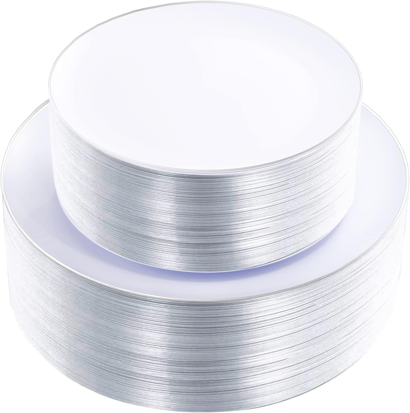 100PCS Silver Plastic Plates – Heavy Duty White Disposable Plates with Silver Ri