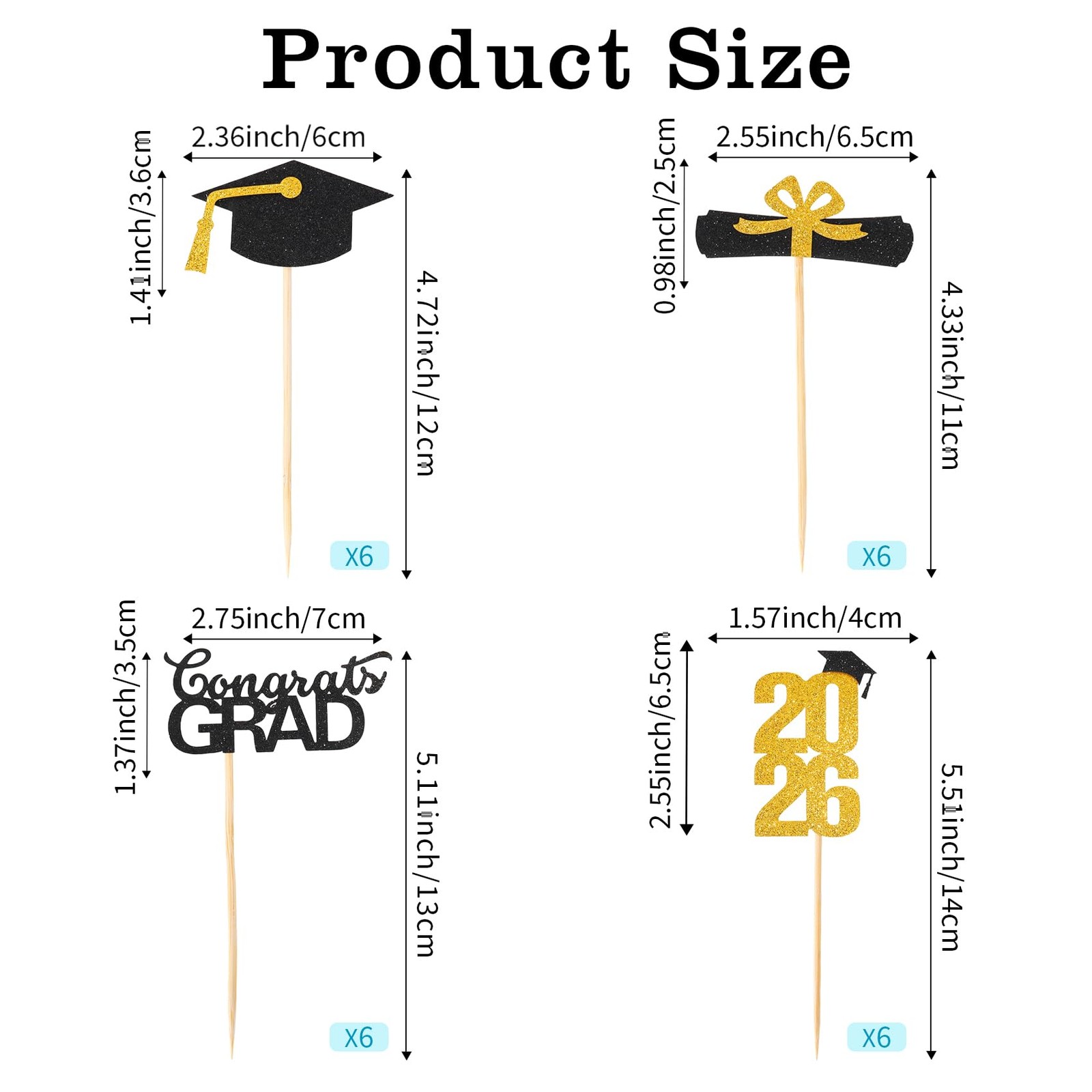 2026 Graduation Cupcake Toppers 24 PCS Glitter Gold Congrats Grad Cap Picks