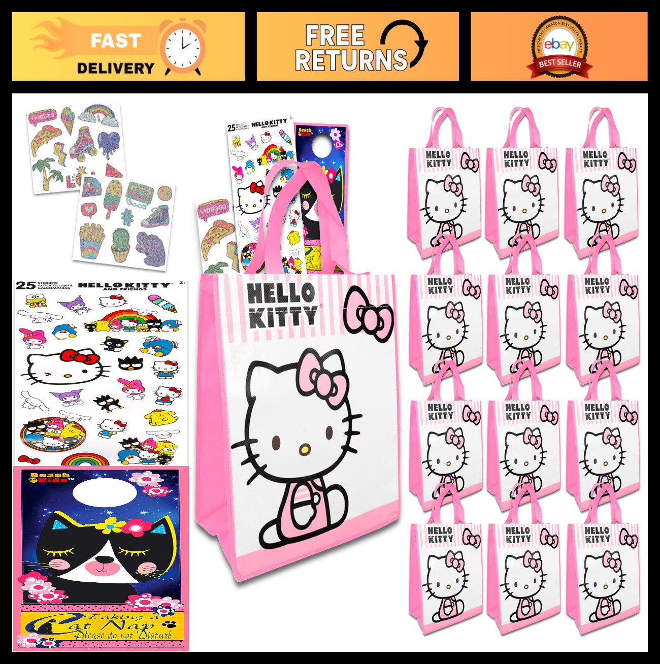 Mini Party Favor Bag Set – 12 Reusable 8″ Totes, Tattoos, Stickers & More | Birt