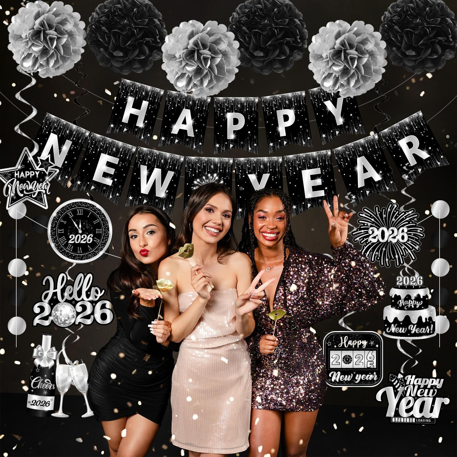 Happy New Year 2026 Silver and Black, NYE 0.5 inches x inches,