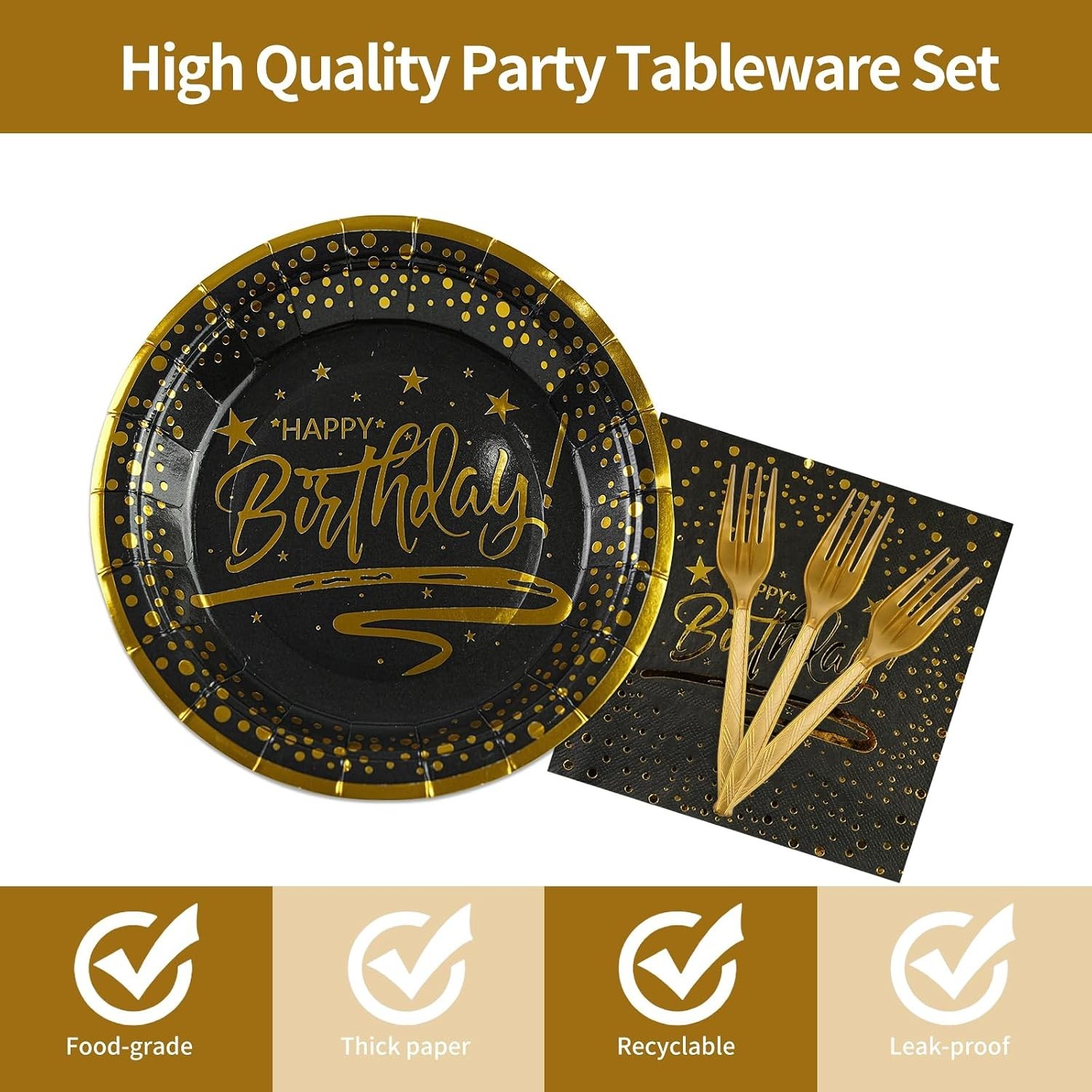 Birthday Party Plates Napkins Forks Set, 72 Pc, Black Gold Dot, Disposable