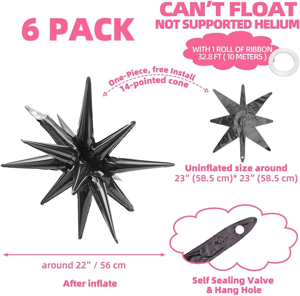 4D 14 Point One-Piece Star Cone Balloon Metallic Spike Explosion Star Balloon, 6