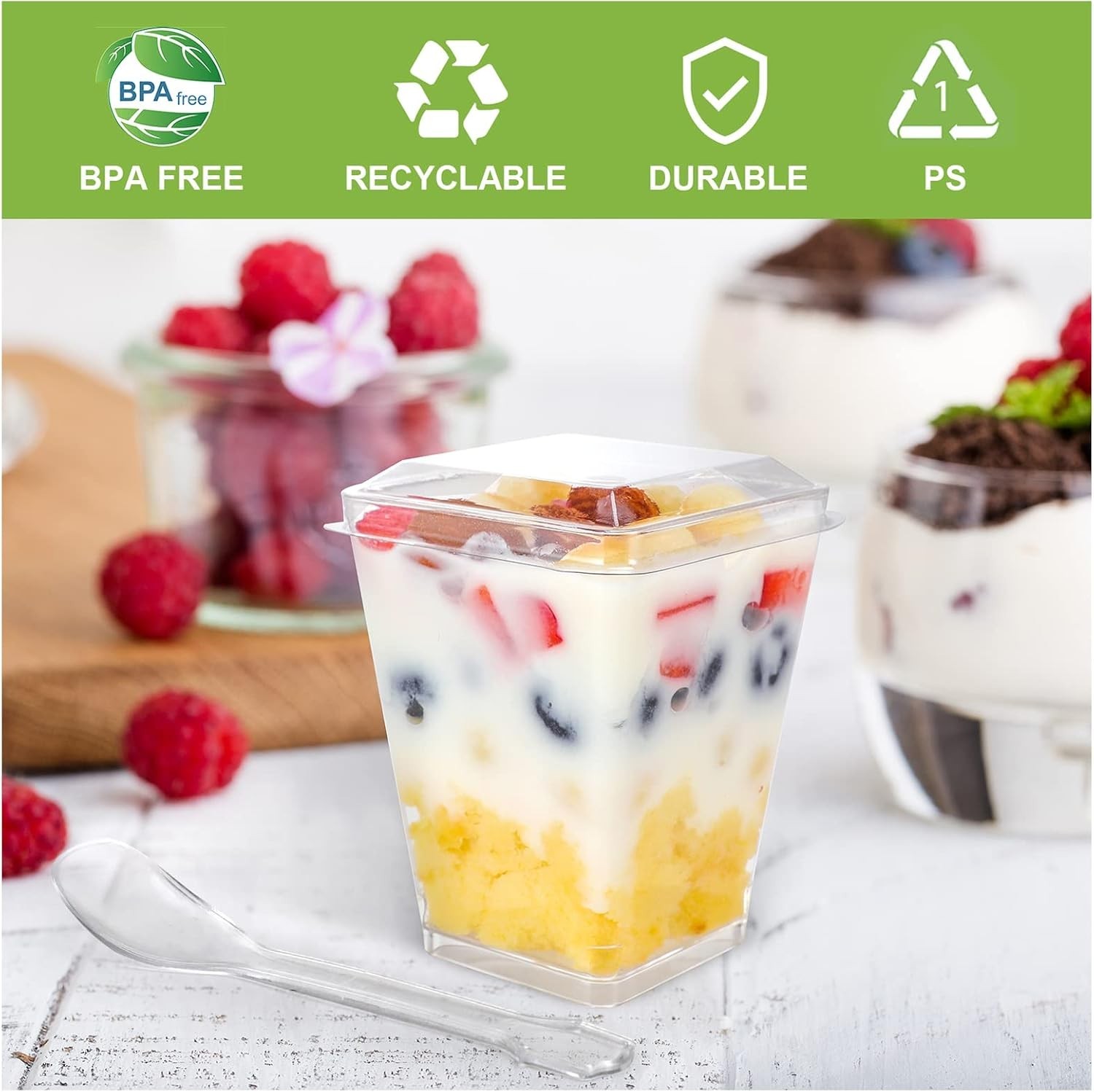 Easercy 100 Pack 5 oz Clear Plastic Dessert Cups with Lids & Spoons for Parties