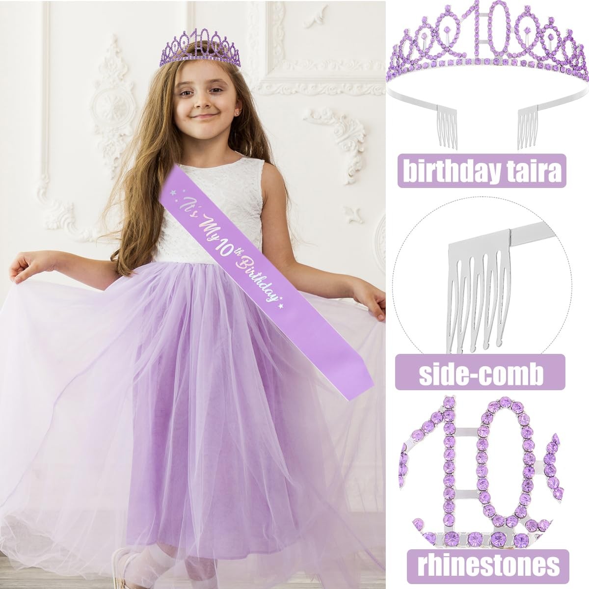 10th Birthday Decorations for Girls,Purple Headband & Glitter Sash Set for 10…
