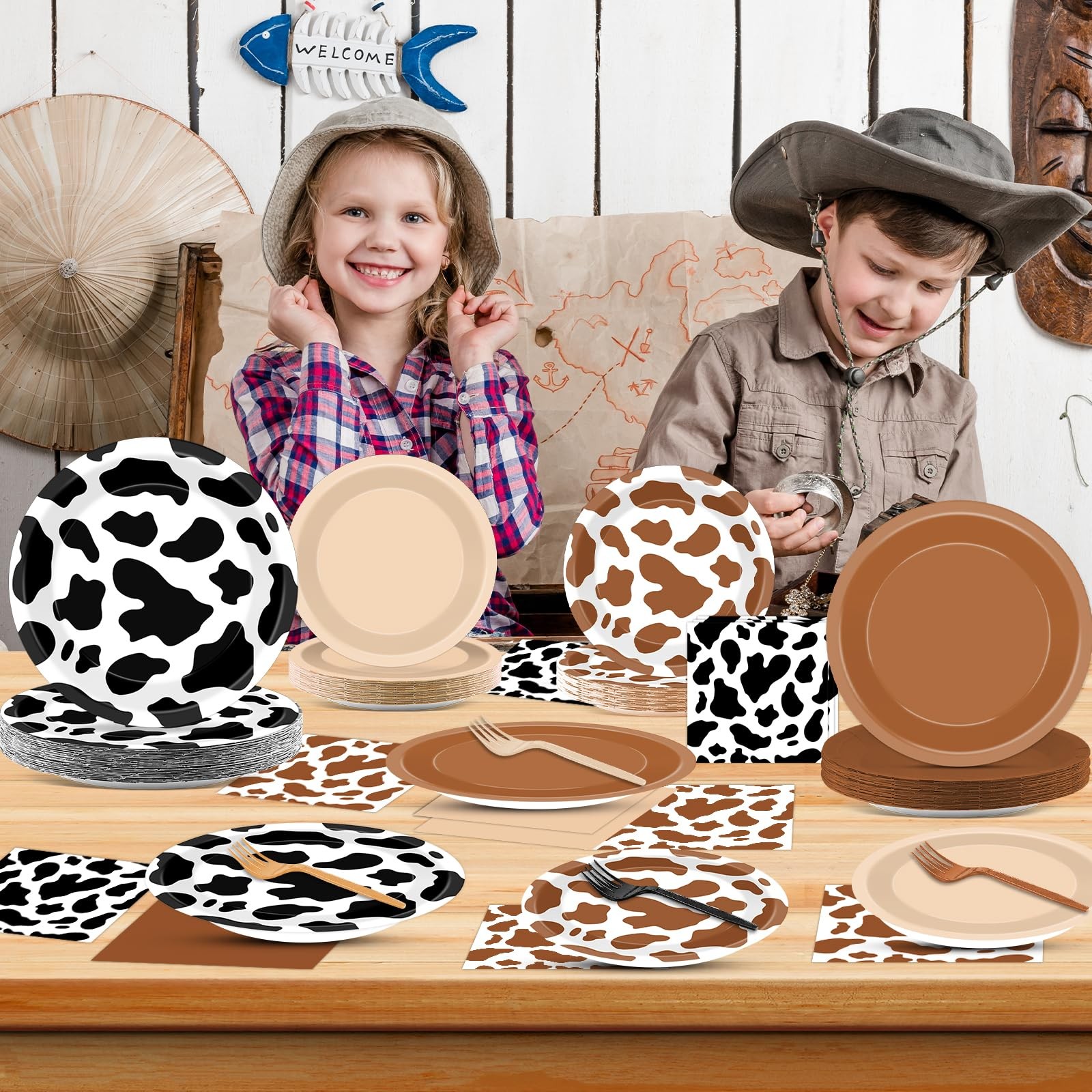 96PCS Western Cowboy Party Plates and Napkins Cow Print Party Supplies Brown …