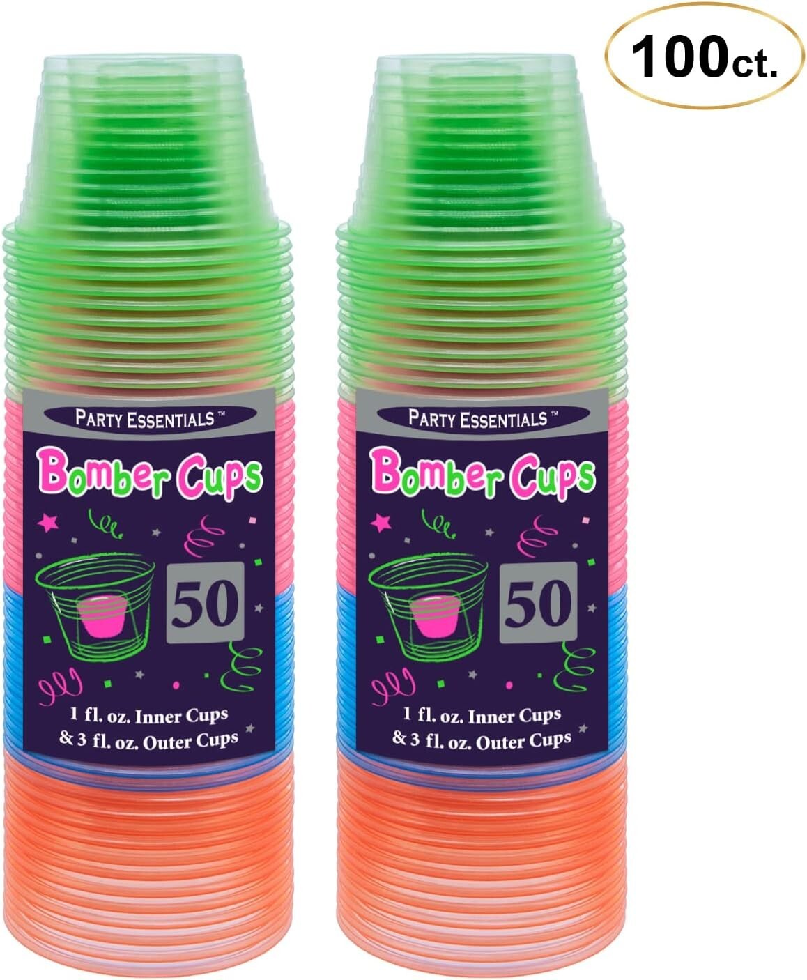 Plastic Bomber Cups Jager Bomb Party Shot Glasses Disposable Neon 500 or 100 Pcs