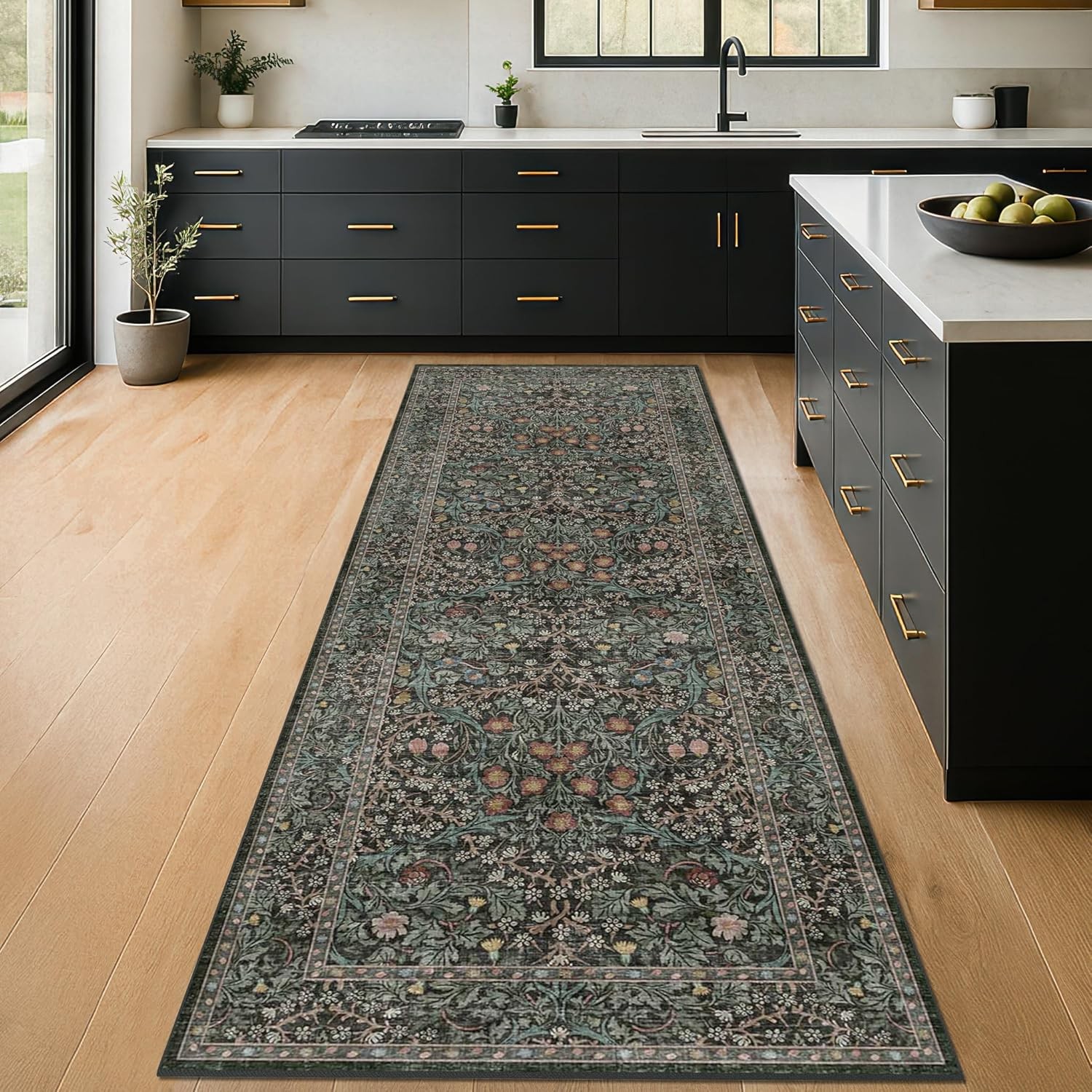 Non Slip 2×6 Kitchen Runner Rug 2′ x 6′ (Runner), Dark Green / Black