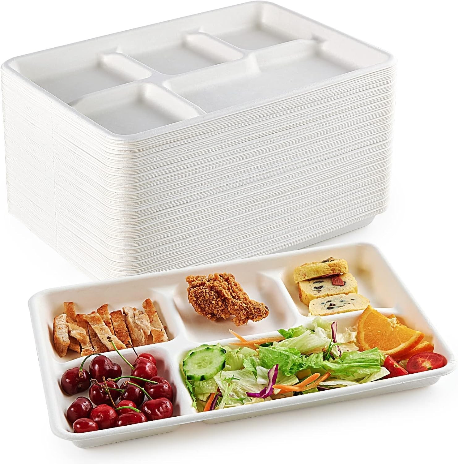 100% Compostable 5 Compartment Plates, 100 Pack Disposable Compartment Paper …