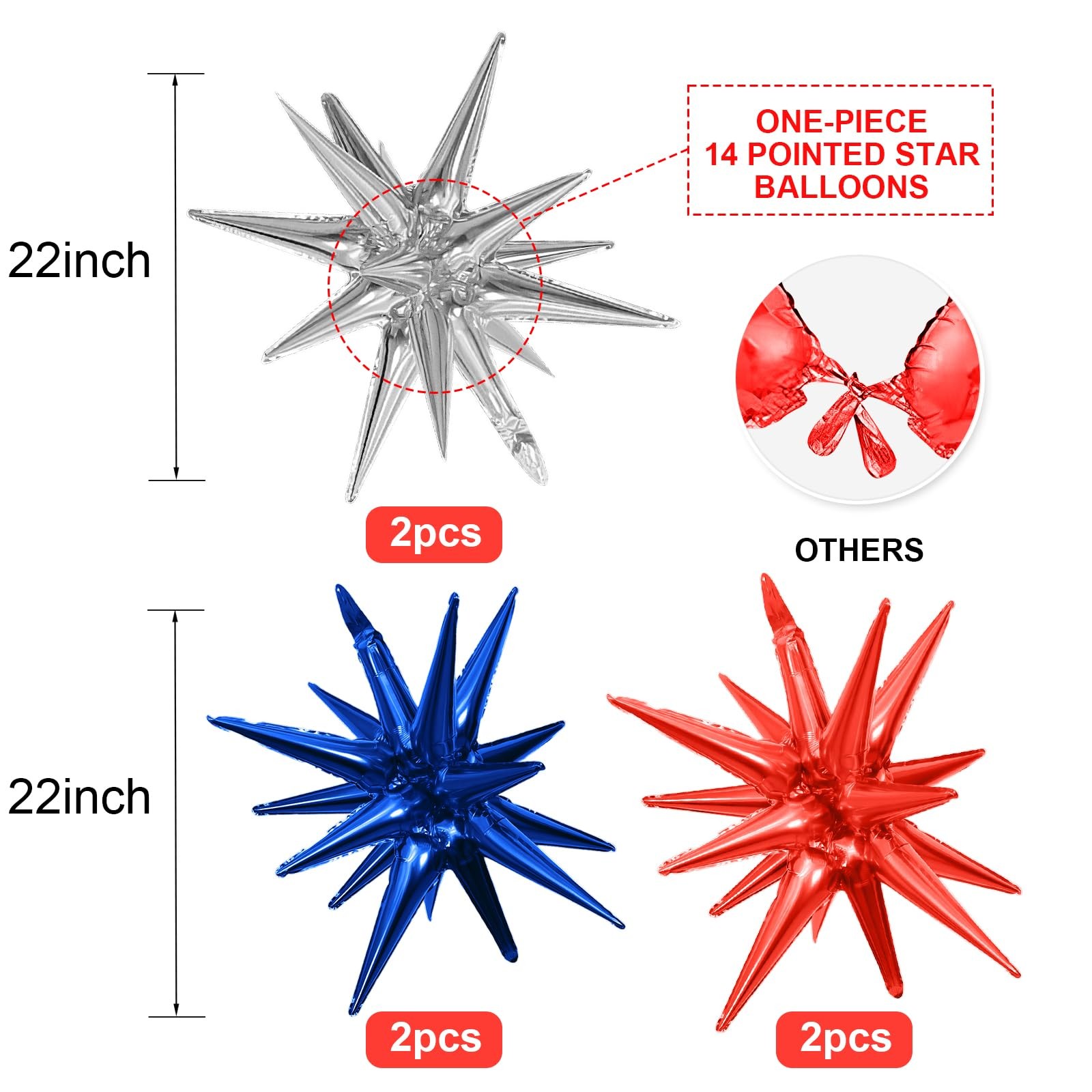 6PCS Star Balloons, 22Inch Huge Red Blue White Star Balloons Spike Cone Ballo…
