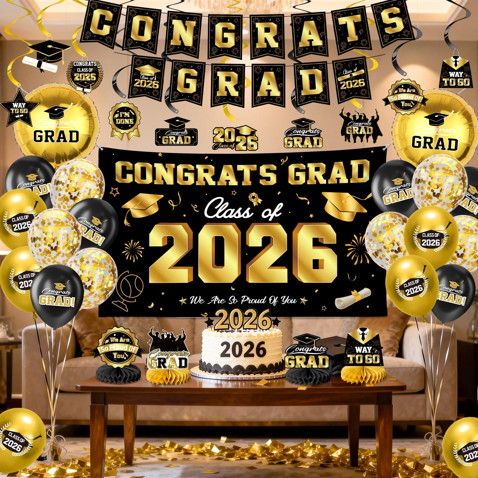 Class of 2026 Graduation Party Decor Kit Black Gold Banner Balloons Centerpieces