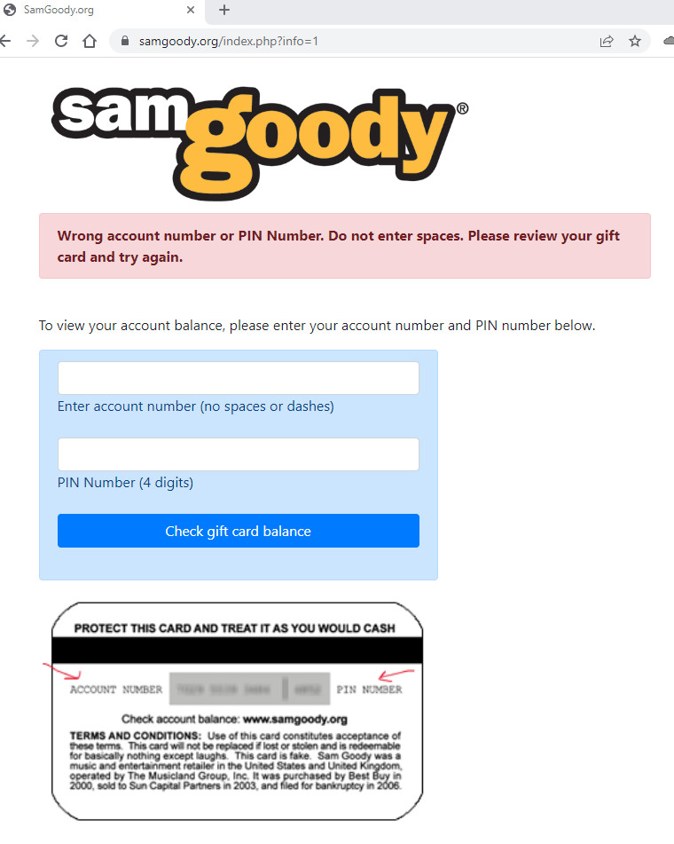 (2) Sam Goody Prank Gag Gift Card – Birthday Christmas Graduation Gag gift FUNNY