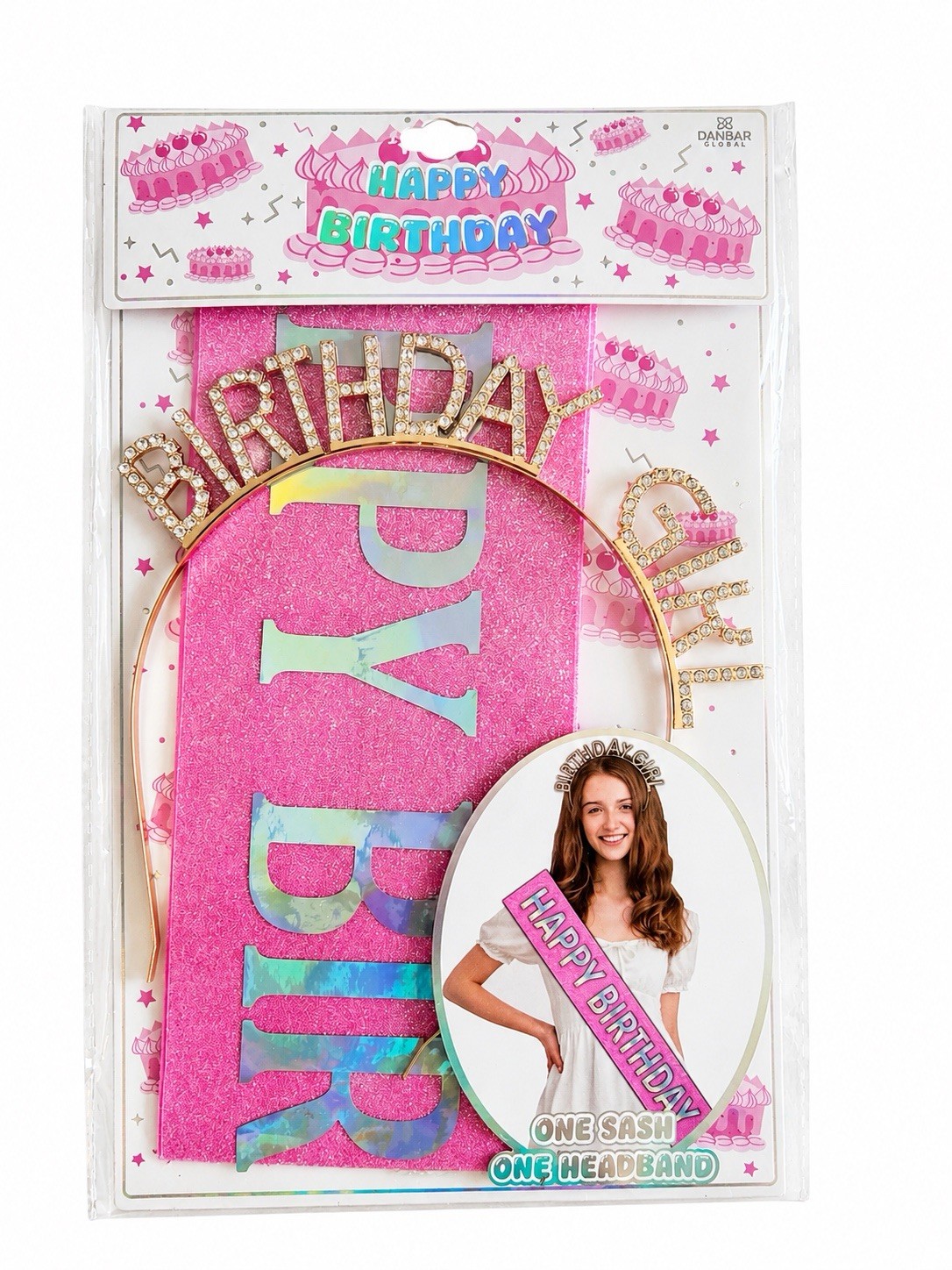 Danbar Global Birthday Girl Sash & Rhinestone Headband Set, Pink/Gold