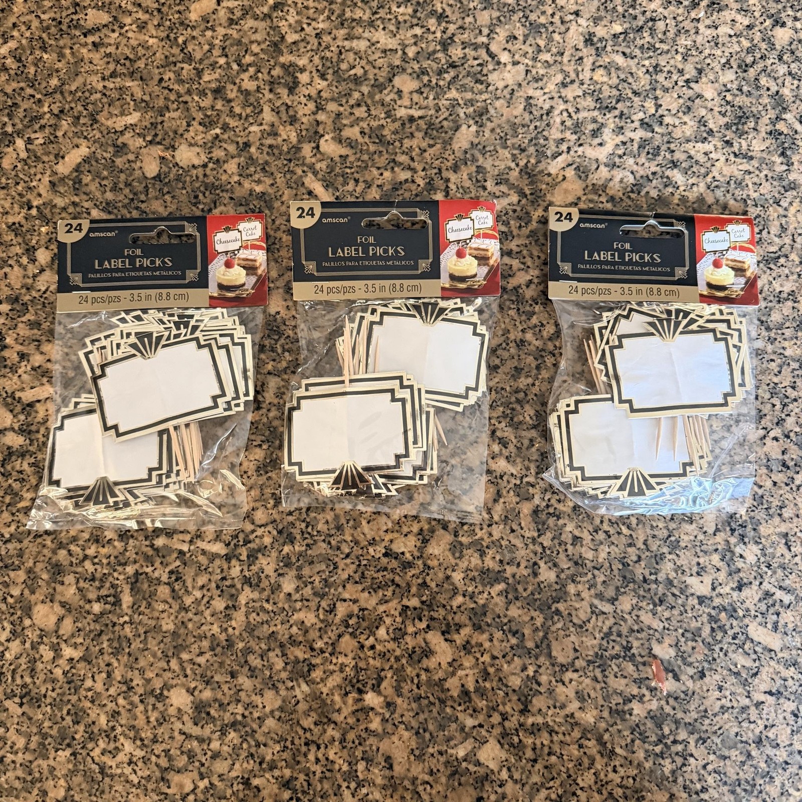 Amscan Foil Label Picks Set Of 3 Packs 72 Gold Art Deco Food Flags 3.5 In Party