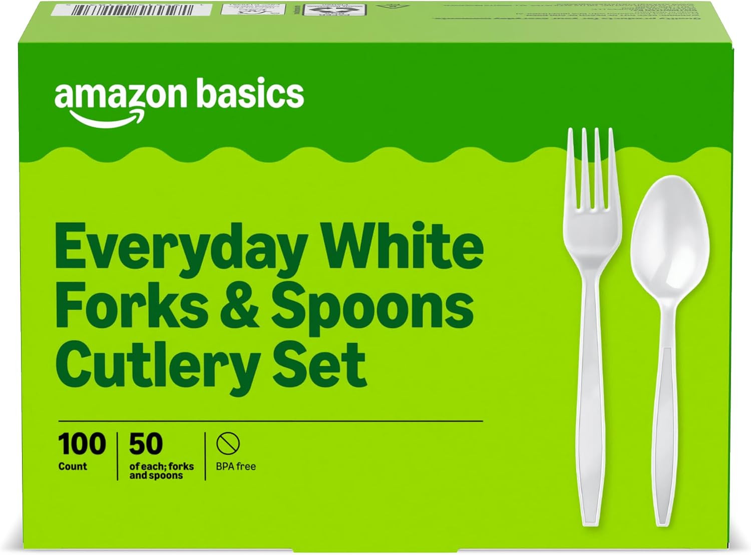 Amazon Basics Disposable Everyday White Forks & Spoons, 100 Count