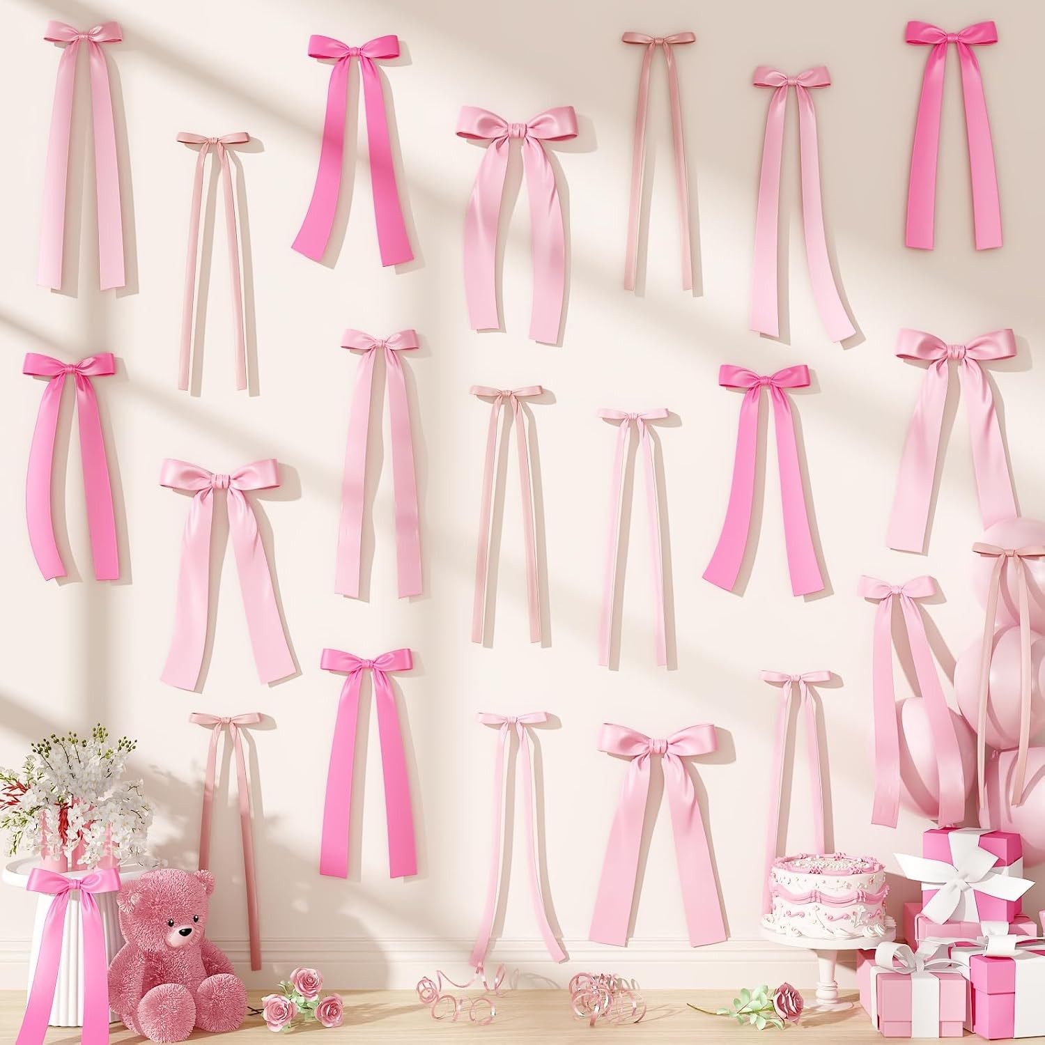 Pink Bow Birthday Decorations, 40Pcs Dusty Pink Bow Wall Decor DIY Ribbon
