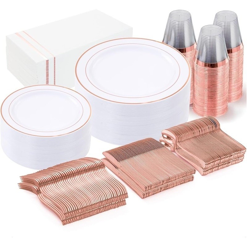 Rose Gold Disposable Plates Cups Cutlery Napkins Party Supplies Set 150pcs New