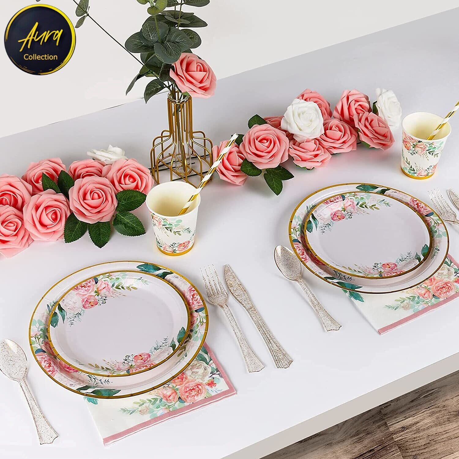 Disposable Floral Party Supplies Pink Plate Cups All Occasions 25 Serves 125 Pcs