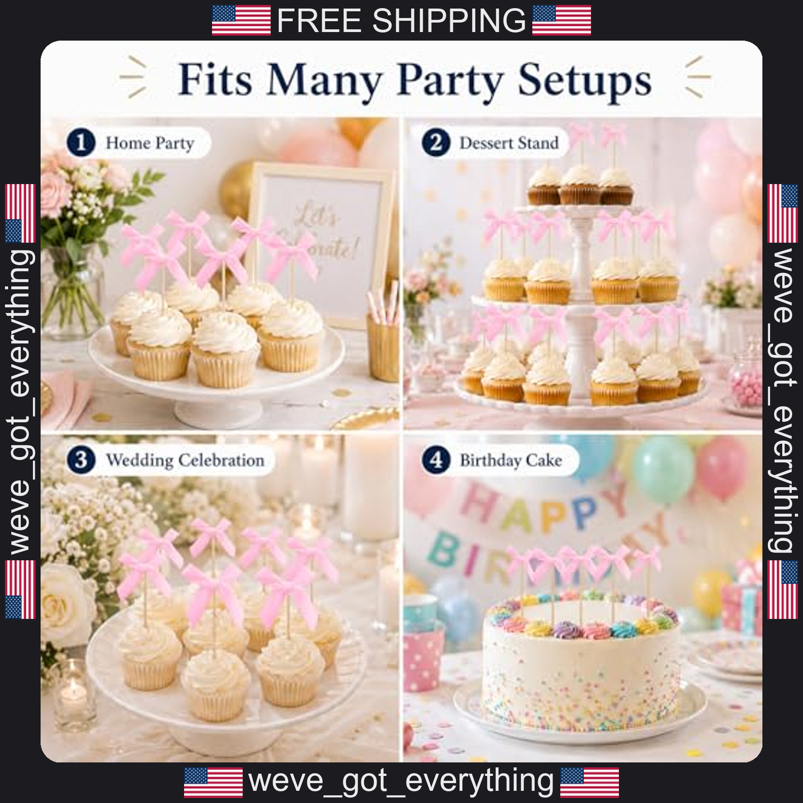 24 Pink Satin Bow Cupcake Toppers for Celebrations