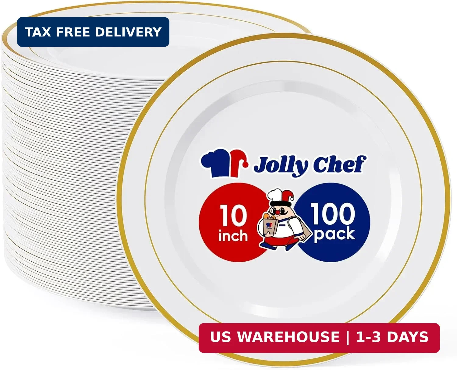 JOLLY CHEF 100 Pieces Gold Plastic Plates, 10 Inch Elegant Disposable Dinner Whi
