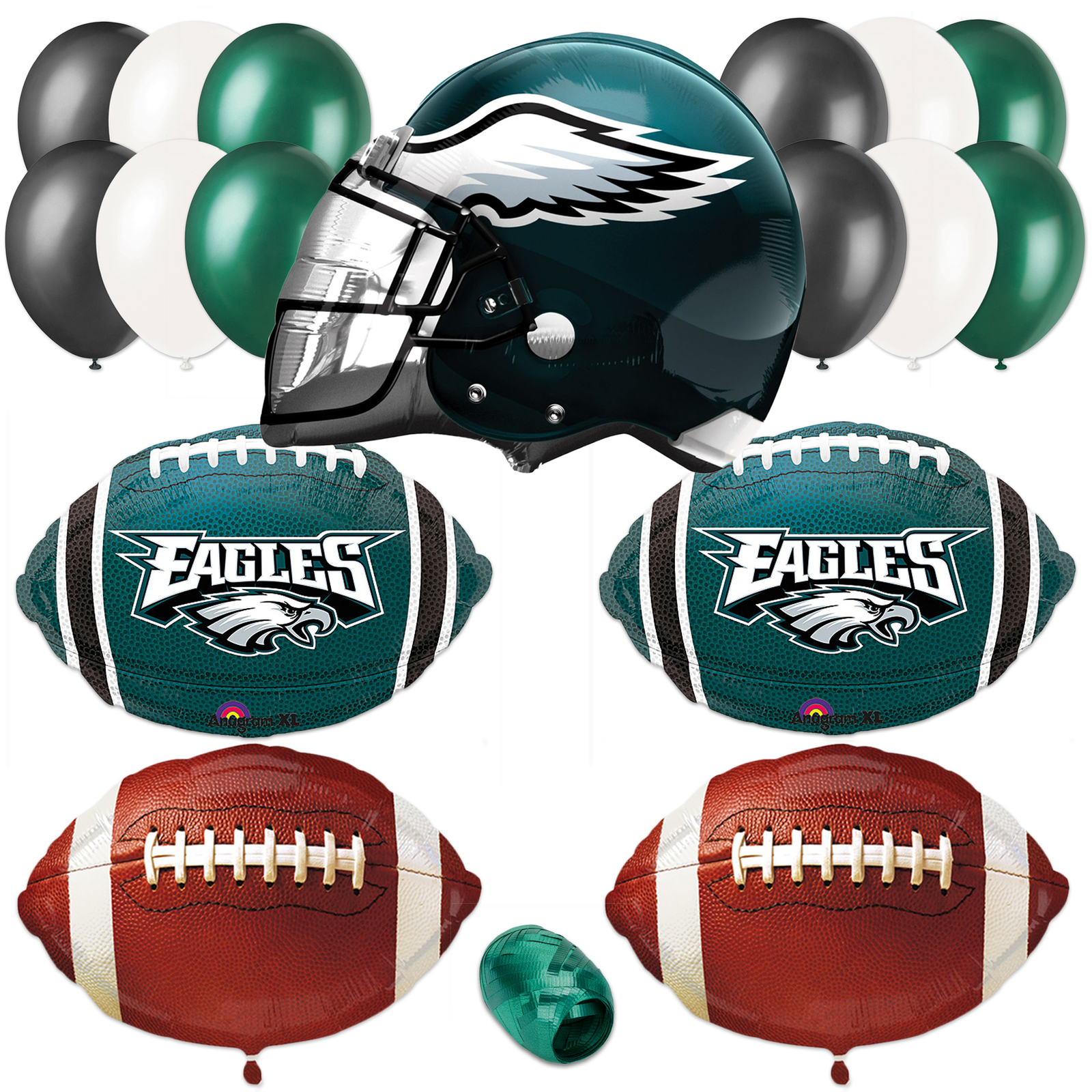Team Helmet Football Party 17pc Football Balloon Pack, Dark Green Black White