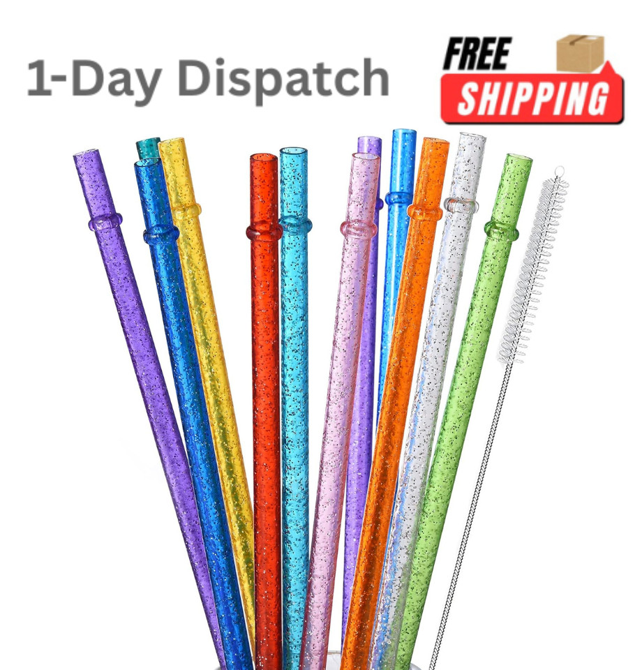 ALINK 12-Pack Reusable Glitter Plastic Straws with Cleaning Brush