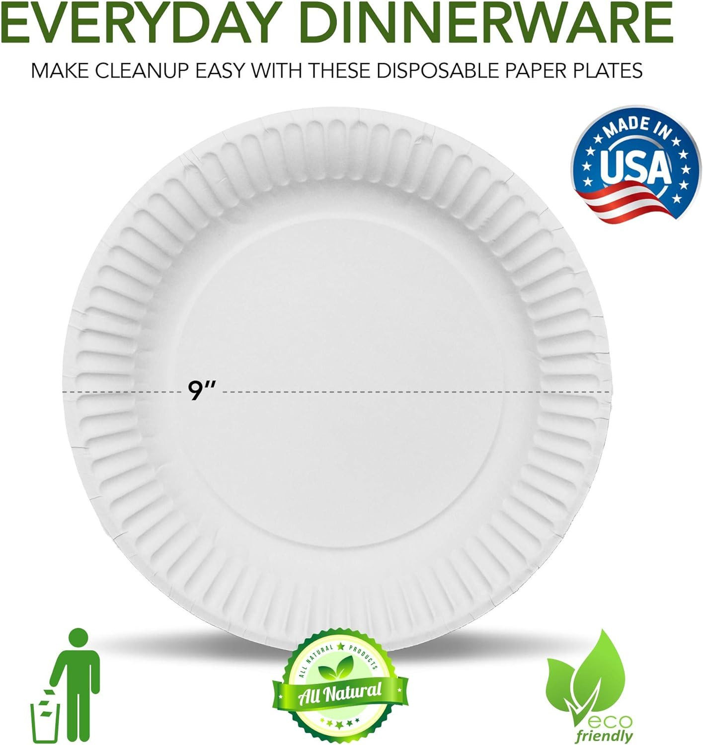 9-Inch Paper Plates Uncoated, Everyday Disposable Plates 9″ Paper Plate Bulk, Wh