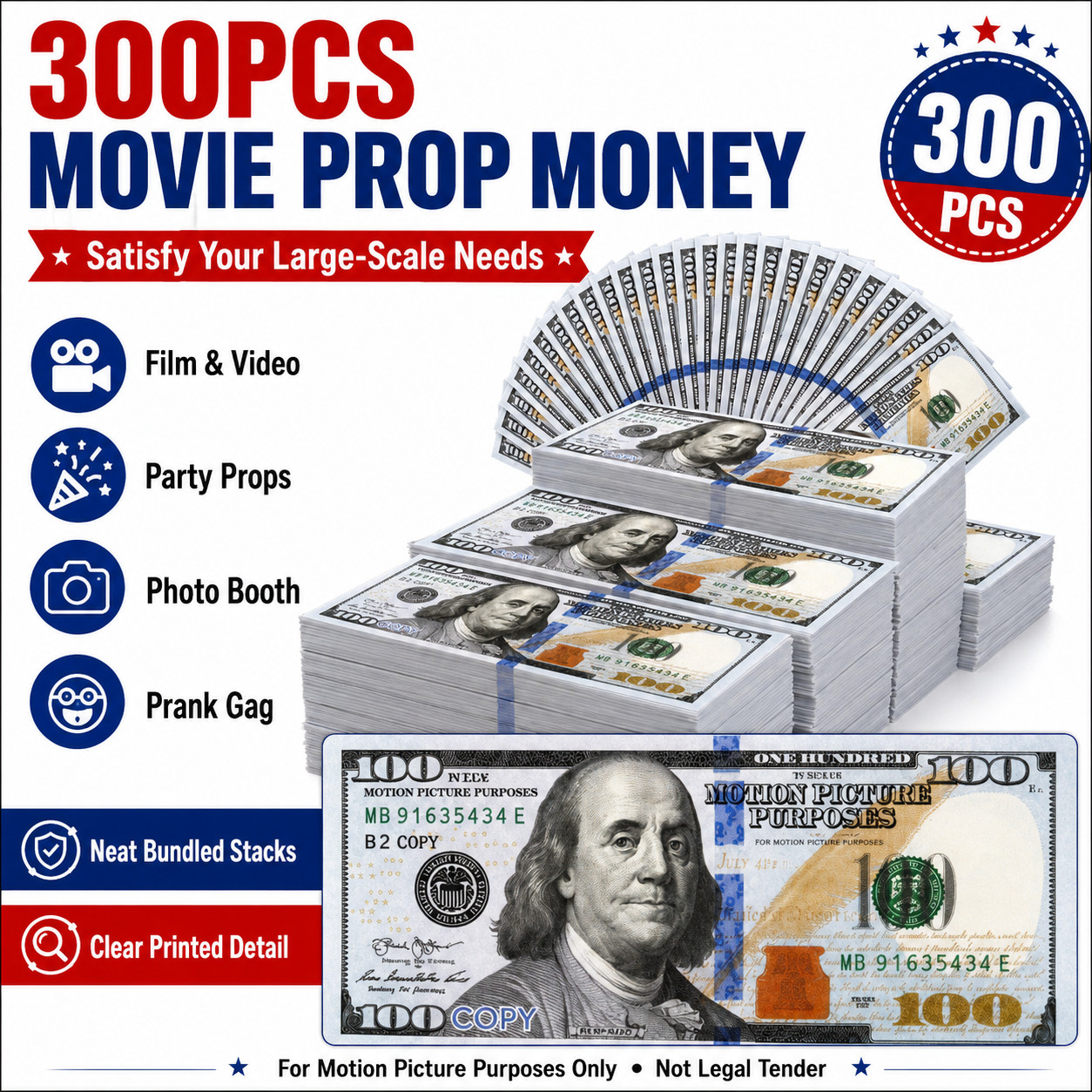 $100 Bills (300pack) Prop Replica Money for Movies, Parties, TikTok & Instagram!