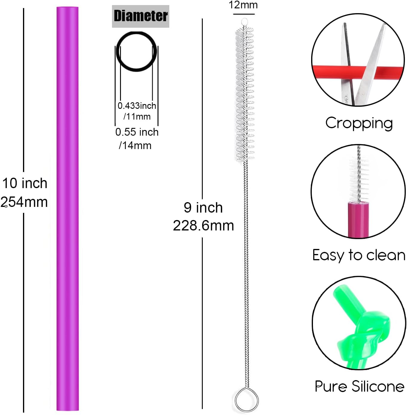 ALINK Reusable Boba Smoothie Straws, 10 Inch X 0.55 Inch Extra Wide Fat Silicone