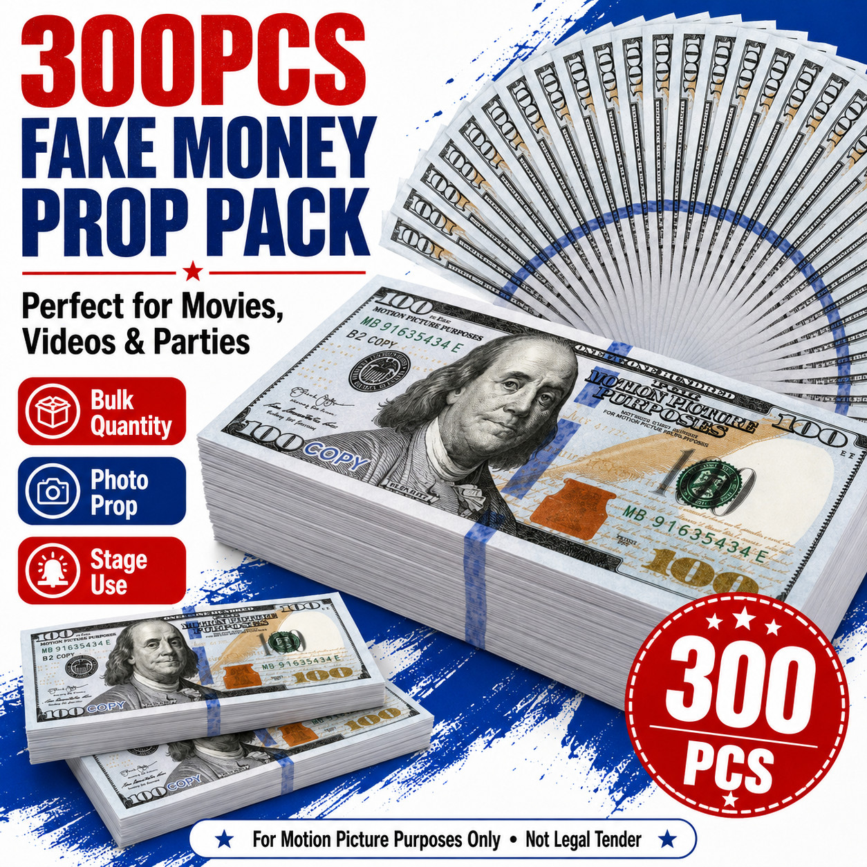 $100 Bills (300pack) Prop Replica Money for Movies, Parties, TikTok & Instagram!