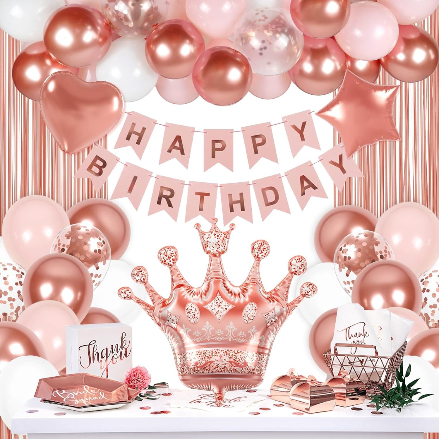 Rose Gold Happy Birthday Party Decorations for Women Girls, Happy Birthday Ba…