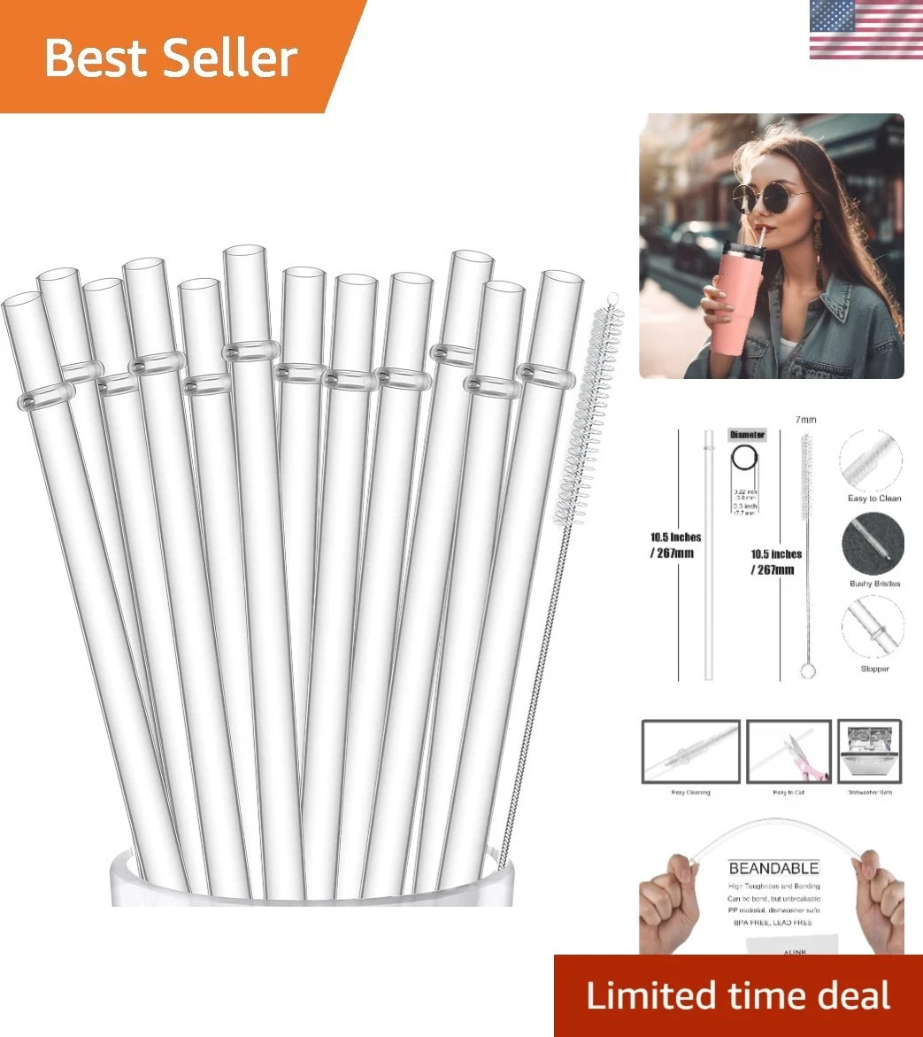 12 Pack Clear Reusable Straws Universal Fit for 16–30 oz Tumblers BPA Free Repla