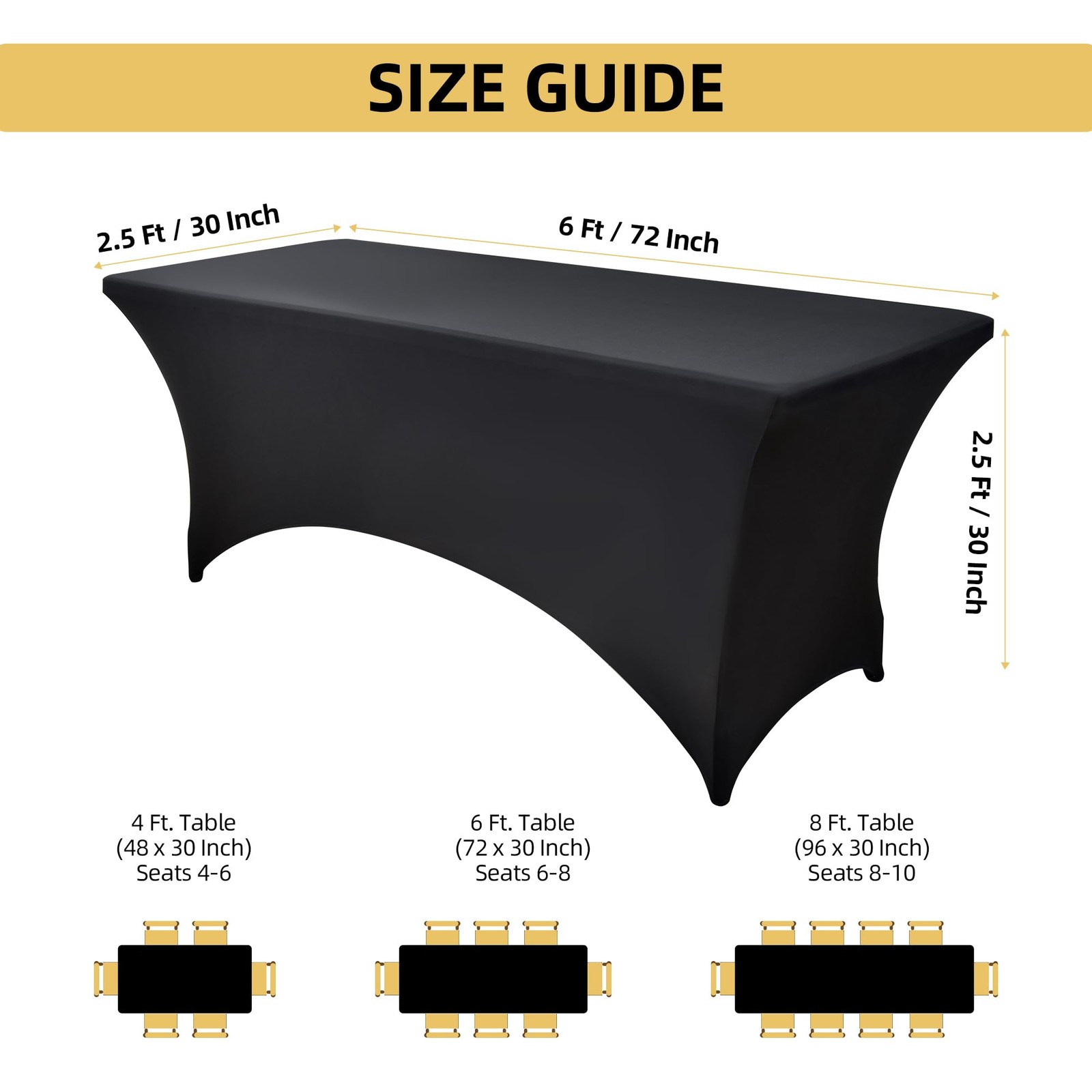 ZarzaaSik 6-Pack 6ft Black Spandex Table Covers for Rectangle Standard Folding T