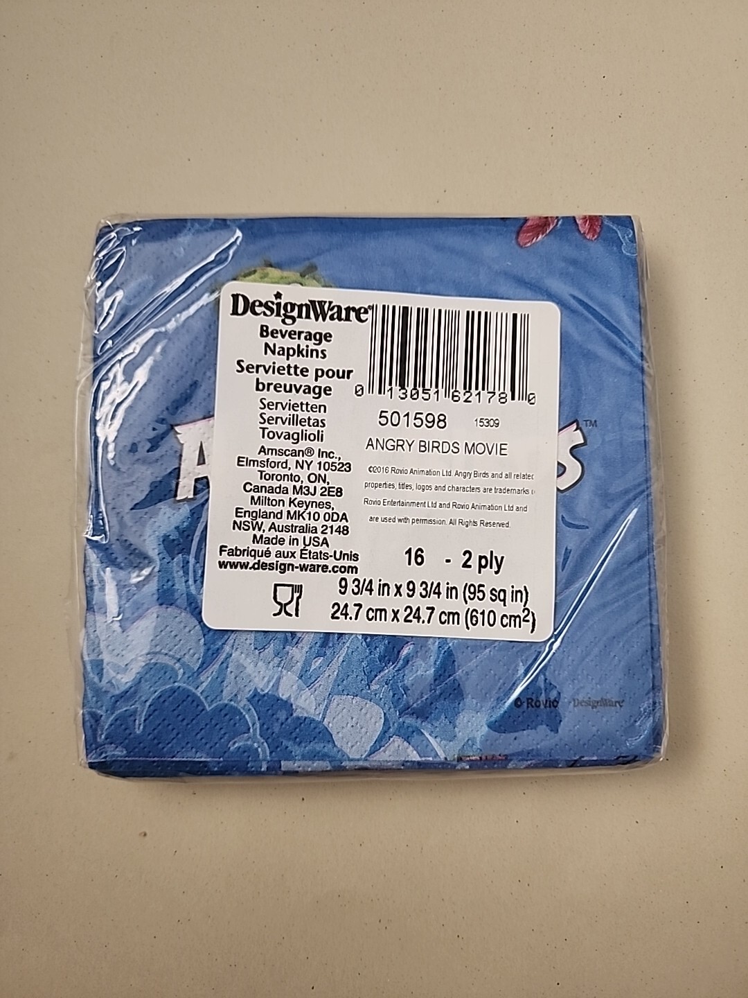 Angry Birds Movie Beverage Napkins 16 Count 2 Ply Blue