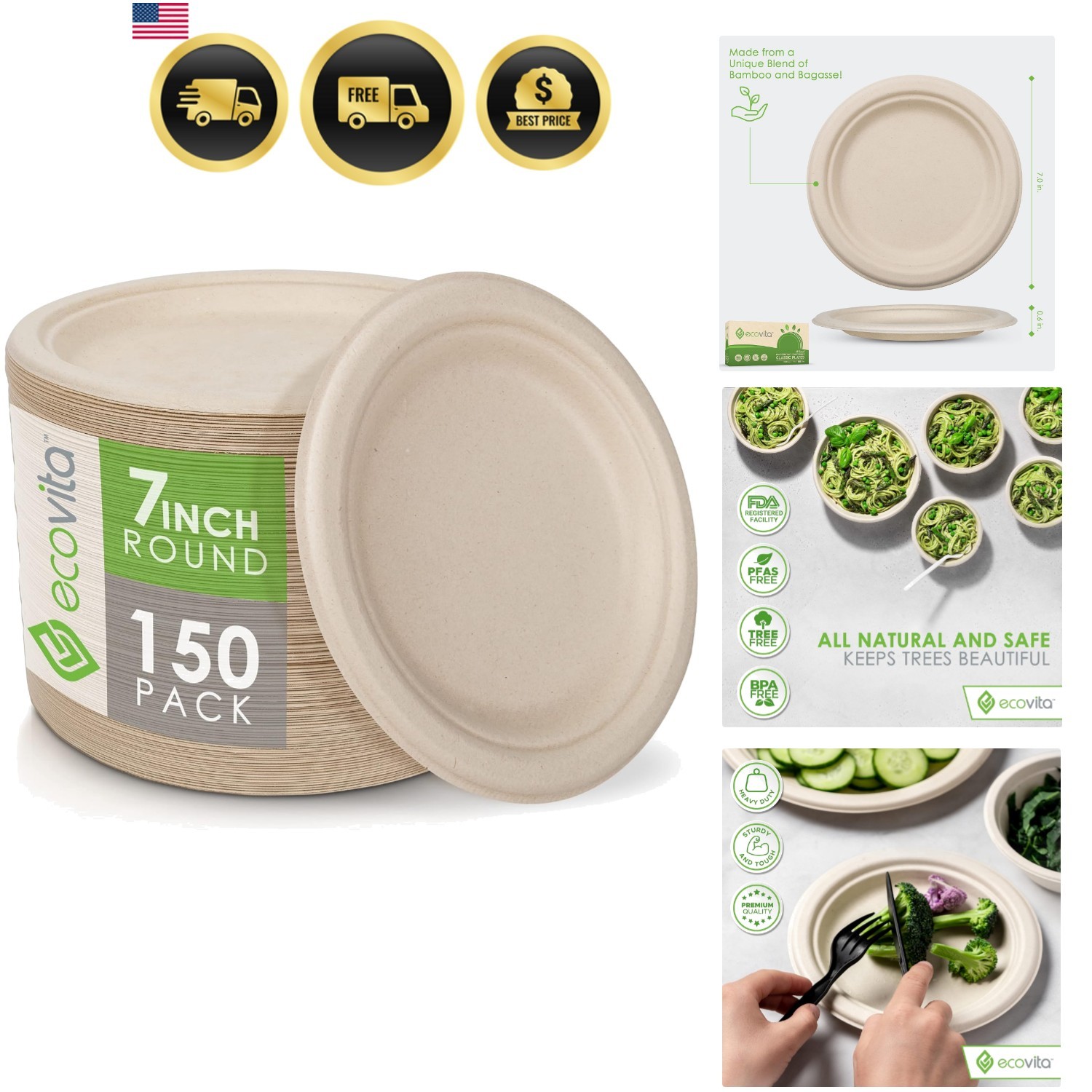 100% Compostable Paper Plates [7 in.] – 150 Disposable Plates Eco Friendly St…