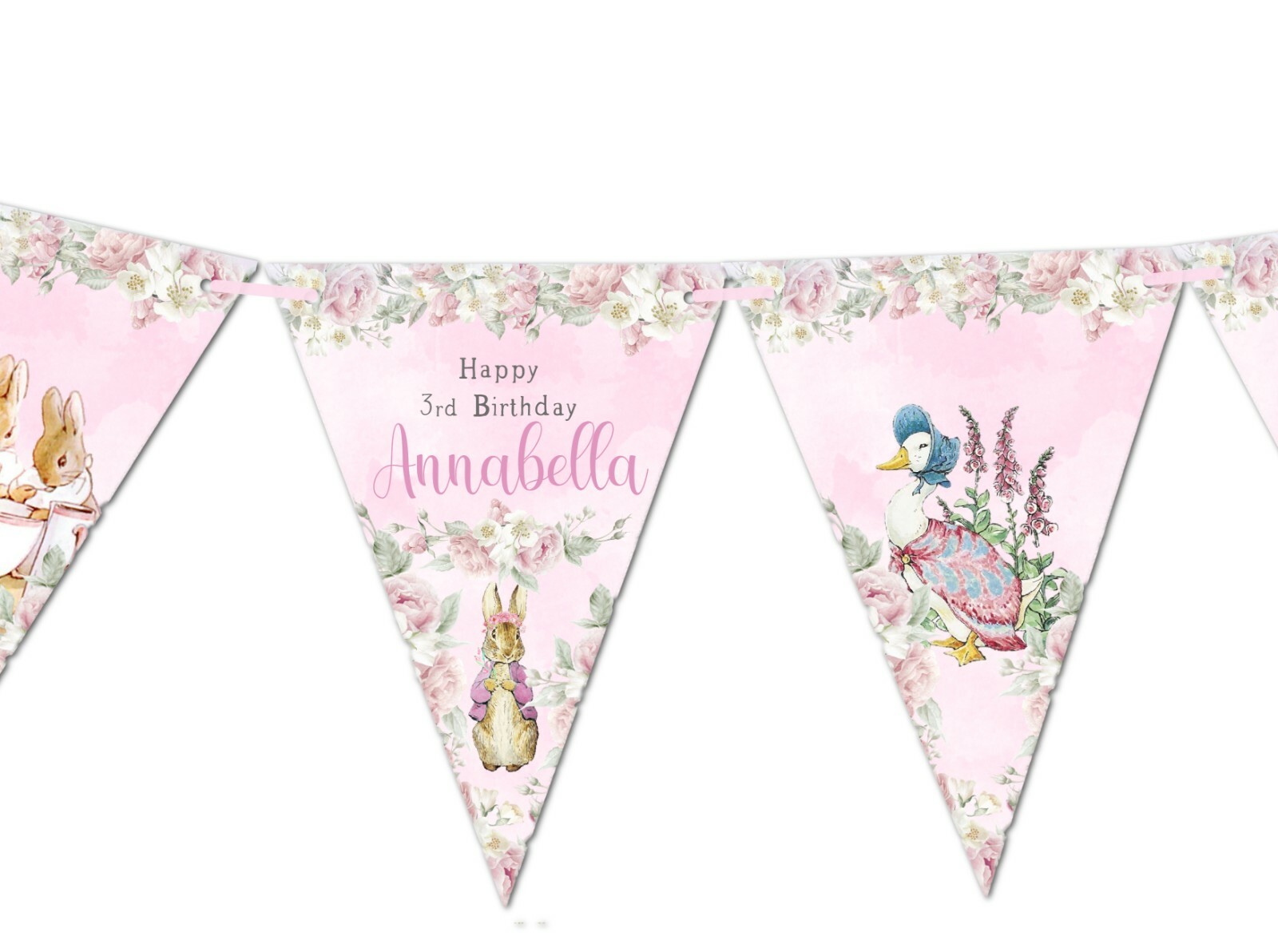 Personalised Pink Beatrix Potter Flopsy Bunny Peter Rabbit Bunting -Any Occasion