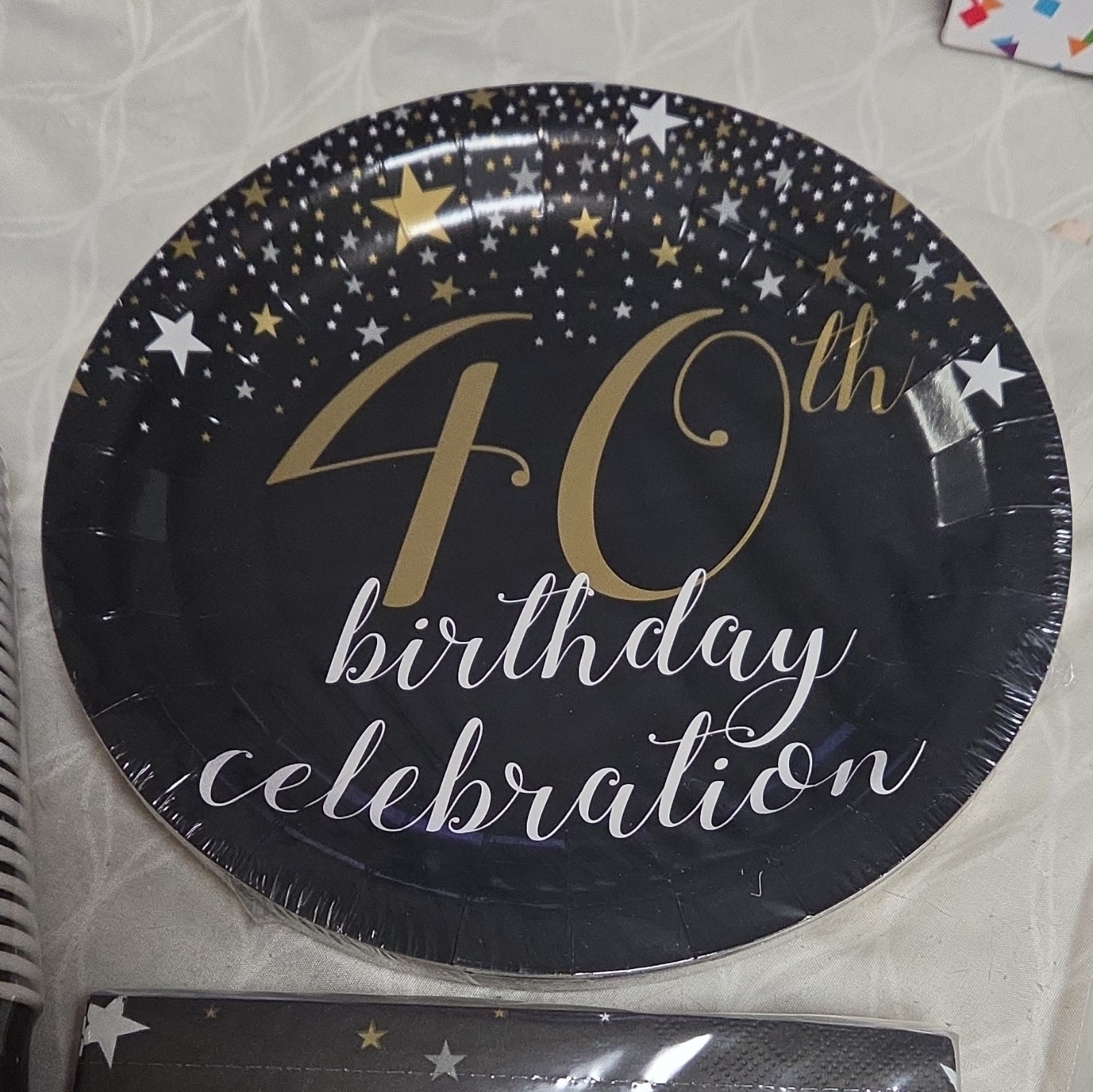 40th Birthday Party Tableware Set, Black/Gold/White Stars, Paper & Plastic