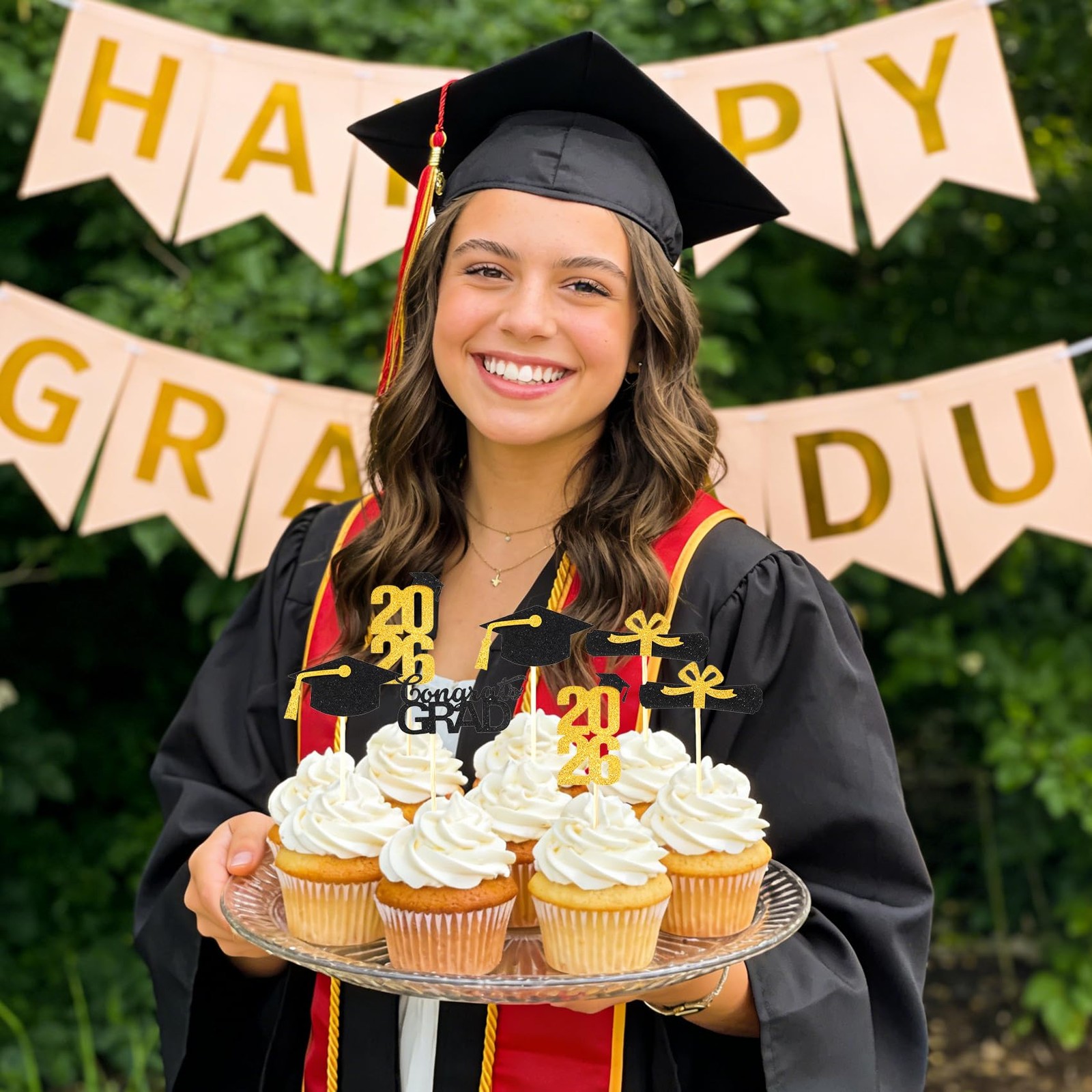 2026 Graduation Cupcake Toppers 24 PCS Glitter Gold Congrats Grad Cap Picks
