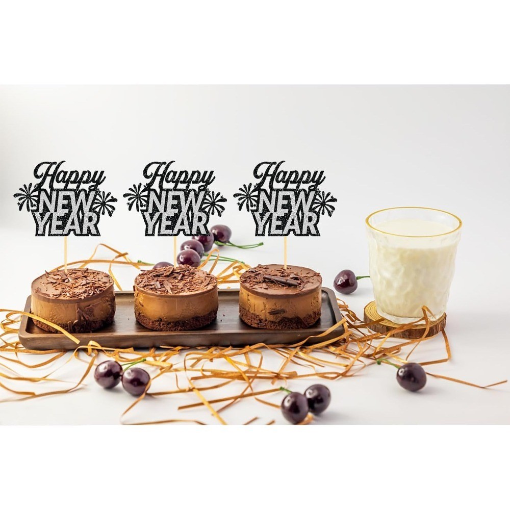 24 PCS Happy New Year Cupcake Toppers, Glitter 2026 Cake Topper for New Years