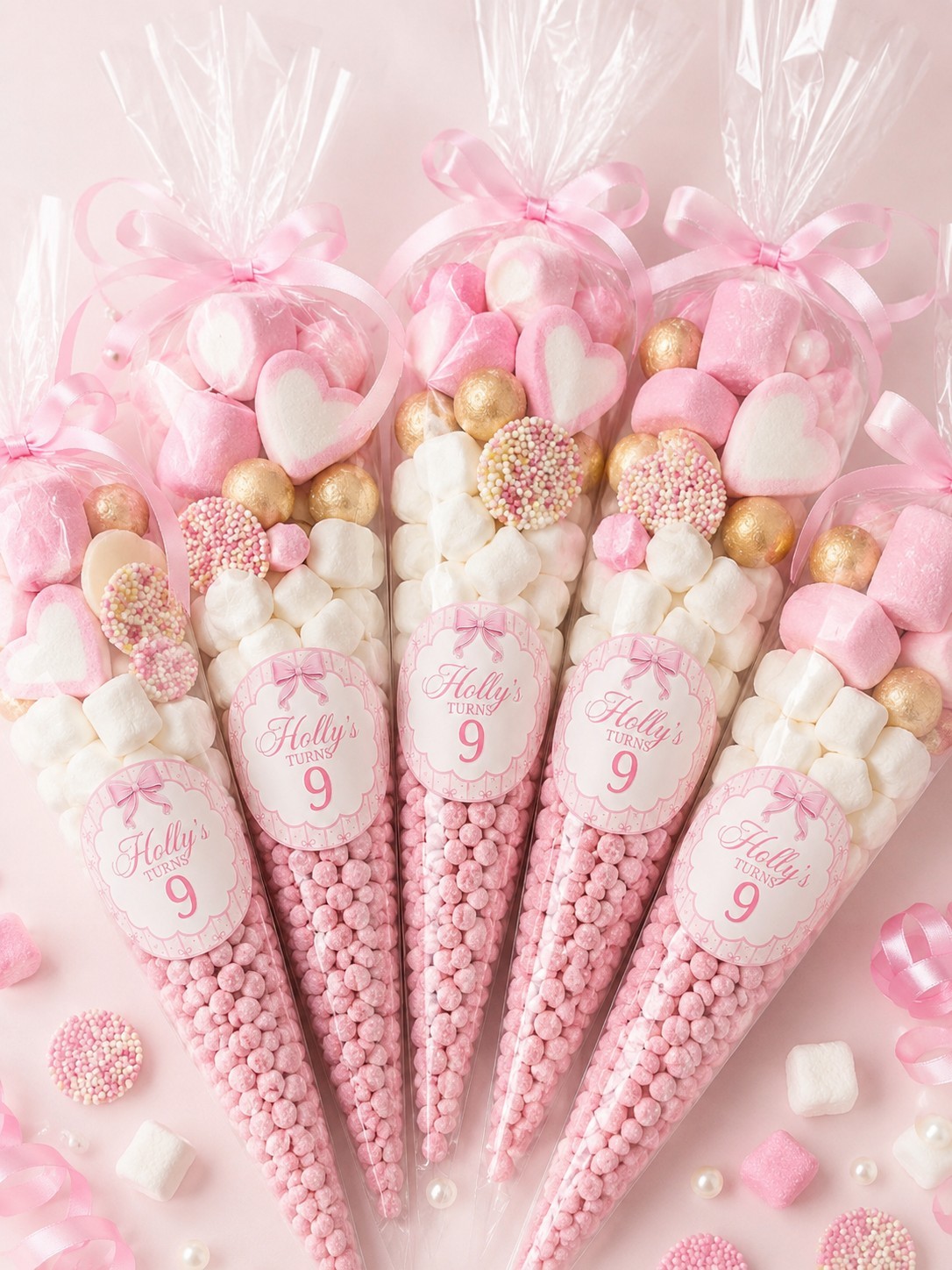 40 Personalised Pink Bow Birthday Sweet Cone Stickers Custom Party Favour Label