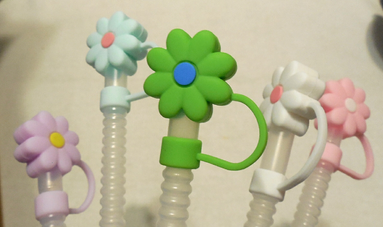 5 New Flower Caps with 11” Clear Flex Straws Plastic Reusable Flexible BPA-Free